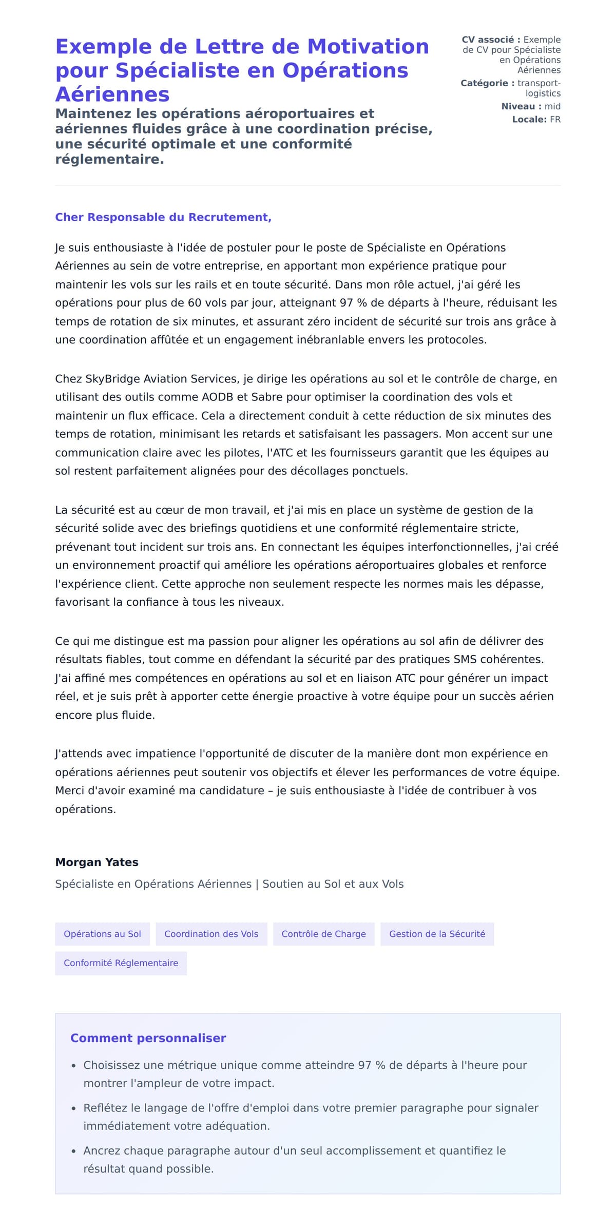 Aperçu de la lettre de motivation pour Exemple de Lettre de Motivation pour Spécialiste en Opérations Aériennes