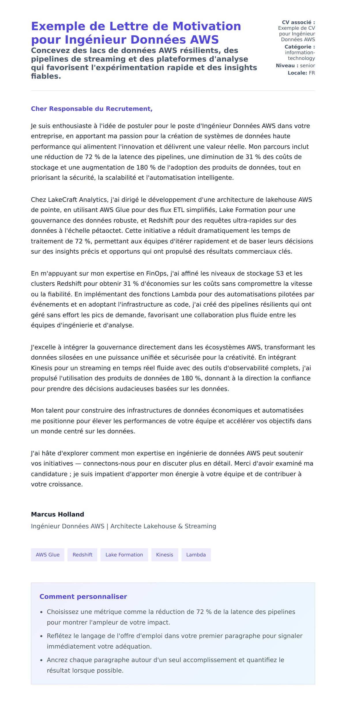 Aperçu de la lettre de motivation pour Exemple de Lettre de Motivation pour Ingénieur Données AWS