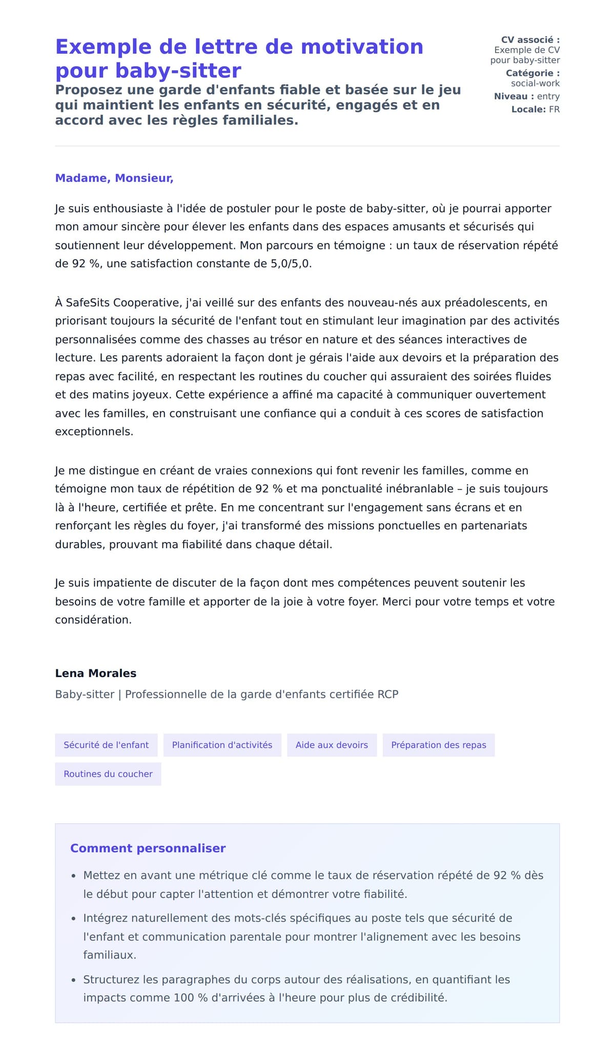 Aperçu de la lettre de motivation pour Exemple de lettre de motivation pour baby-sitter