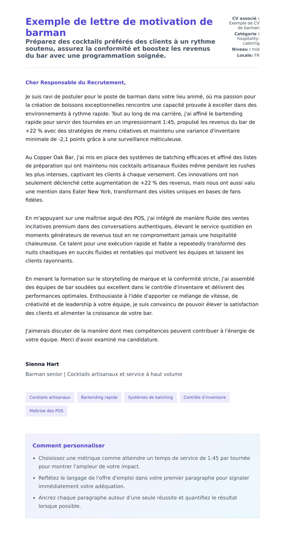Aperçu de la lettre de motivation pour Exemple de lettre de motivation de barman