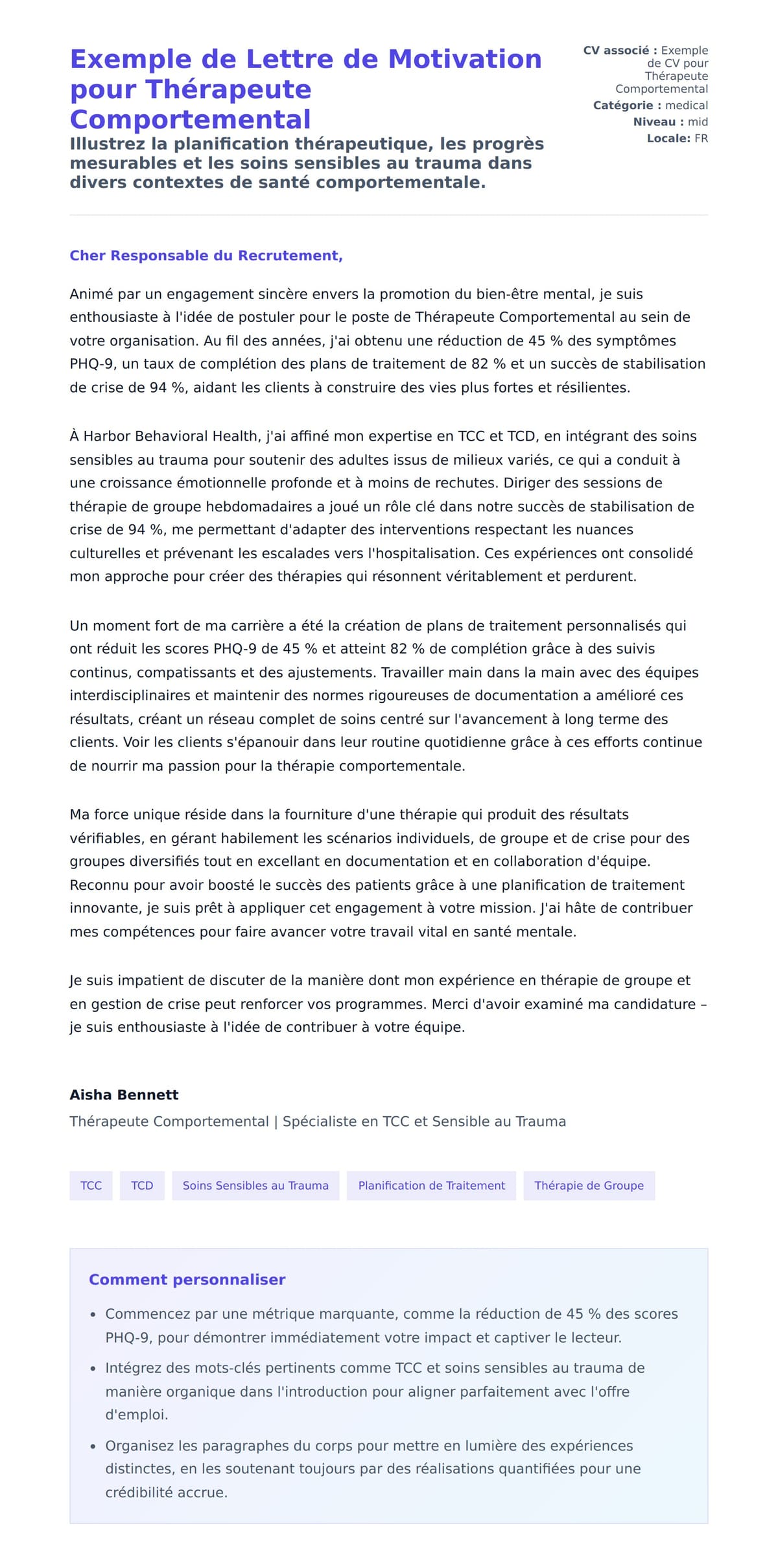 Aperçu de la lettre de motivation pour Exemple de Lettre de Motivation pour Thérapeute Comportemental