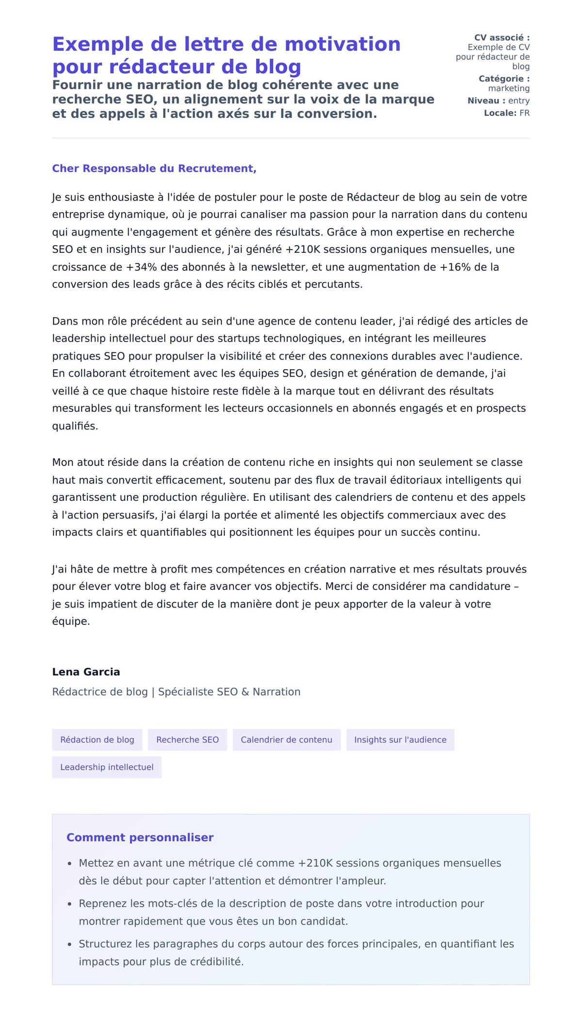 Aperçu de la lettre de motivation pour Exemple de lettre de motivation pour rédacteur de blog