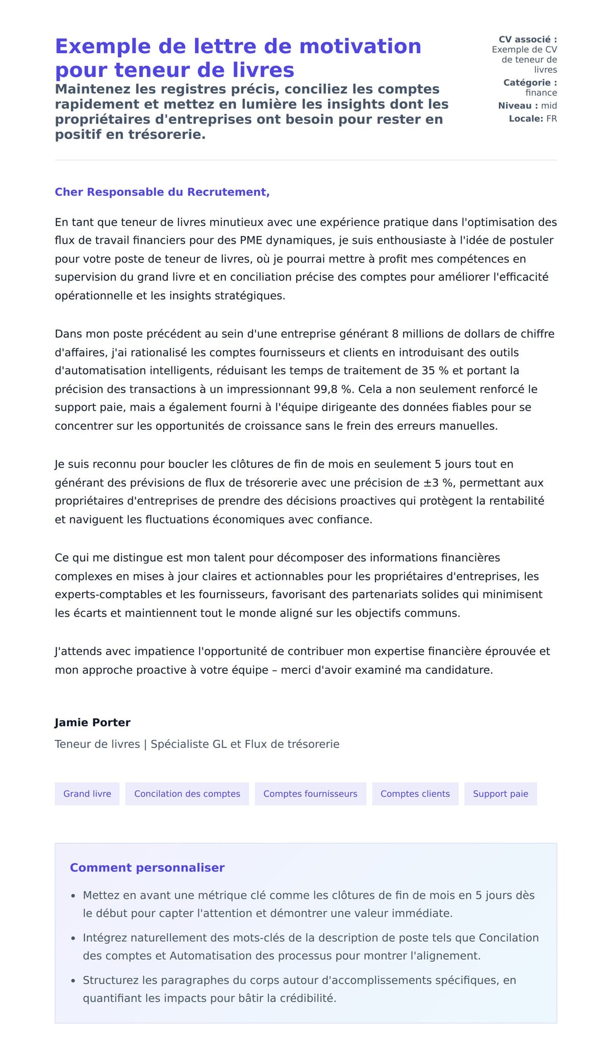 Aperçu de la lettre de motivation pour Exemple de lettre de motivation pour teneur de livres