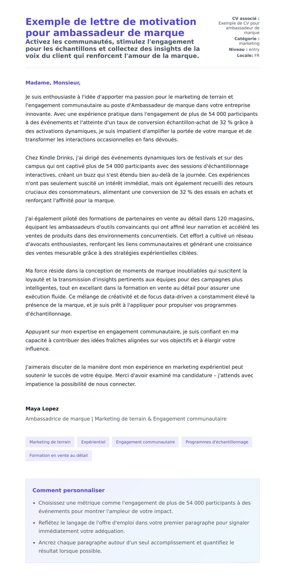 Aperçu de la lettre de motivation pour Exemple de lettre de motivation pour ambassadeur de marque