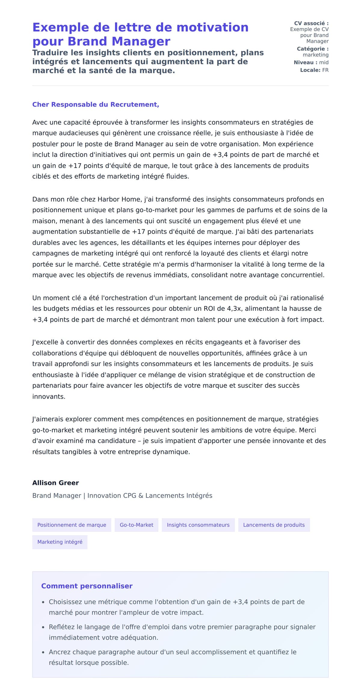 Aperçu de la lettre de motivation pour Exemple de lettre de motivation pour Brand Manager