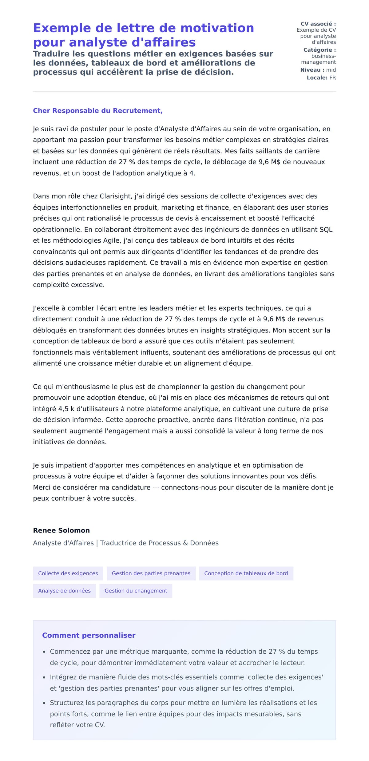 Aperçu de la lettre de motivation pour Exemple de lettre de motivation pour analyste d'affaires