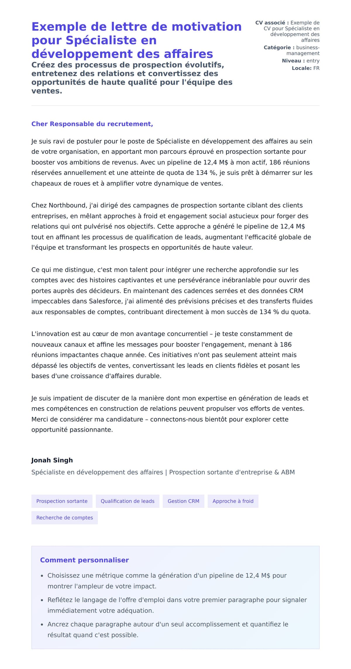Aperçu de la lettre de motivation pour Exemple de lettre de motivation pour Spécialiste en développement des affaires