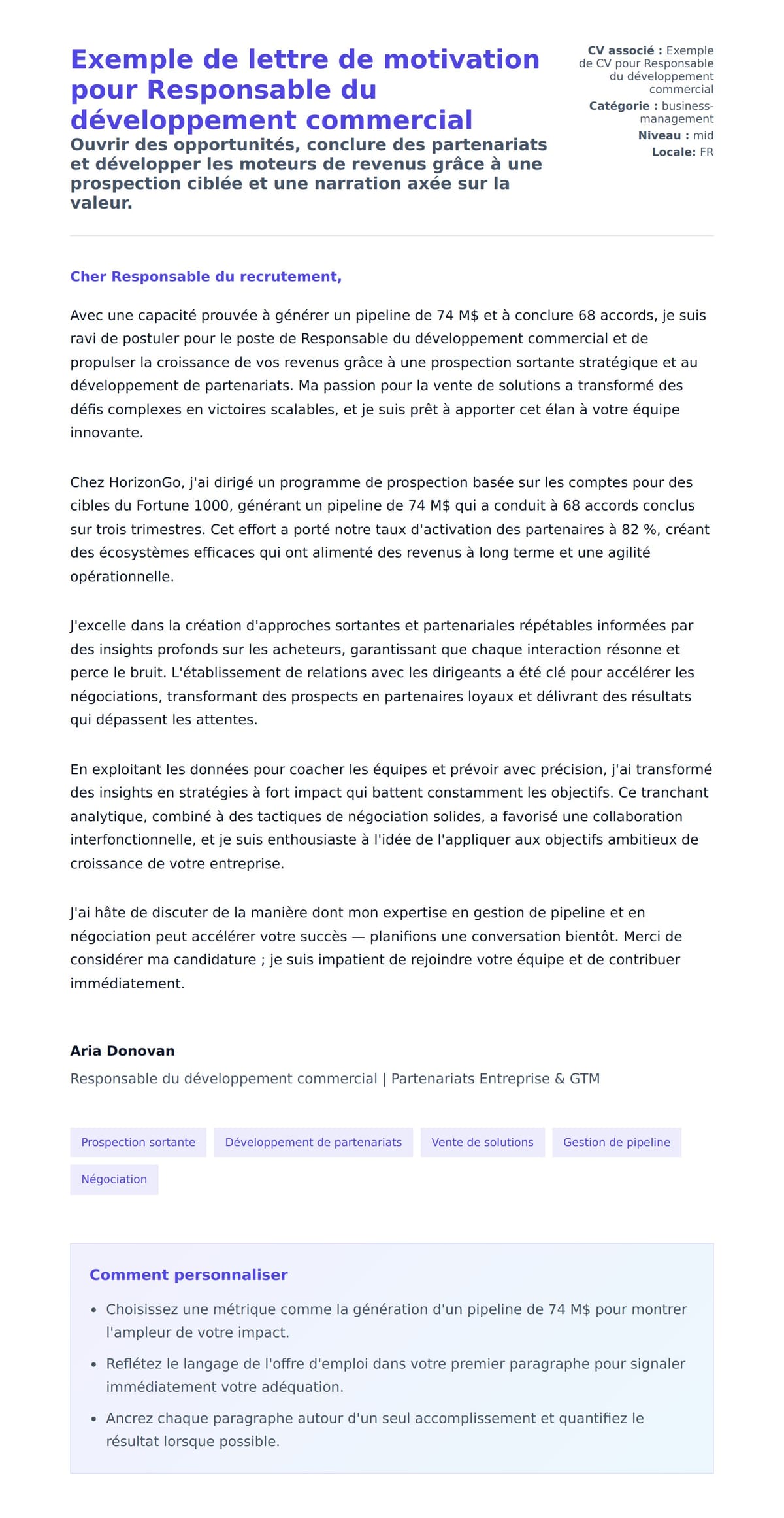 Aperçu de la lettre de motivation pour Exemple de lettre de motivation pour Responsable du développement commercial