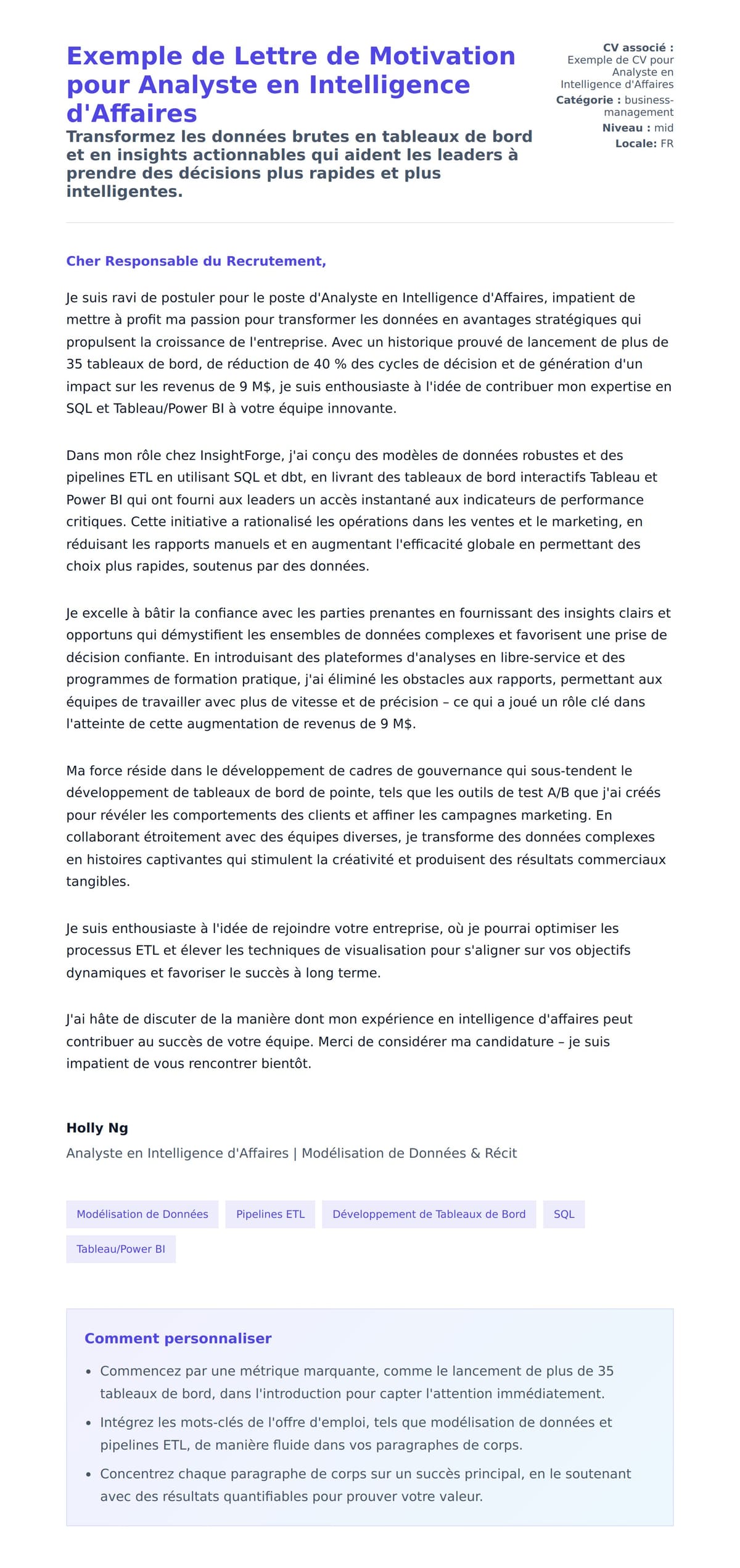 Aperçu de la lettre de motivation pour Exemple de Lettre de Motivation pour Analyste en Intelligence d'Affaires