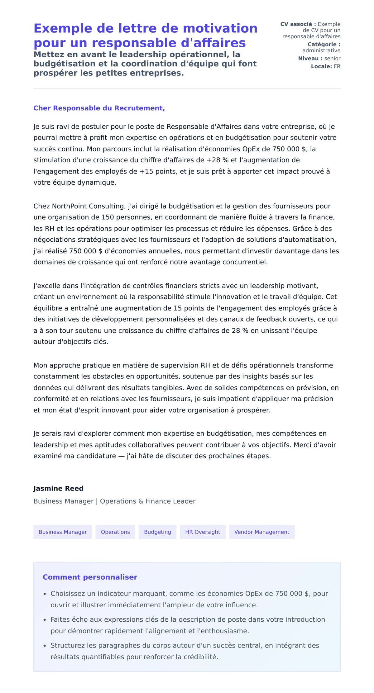 Aperçu de la lettre de motivation pour Exemple de lettre de motivation pour un responsable d'affaires