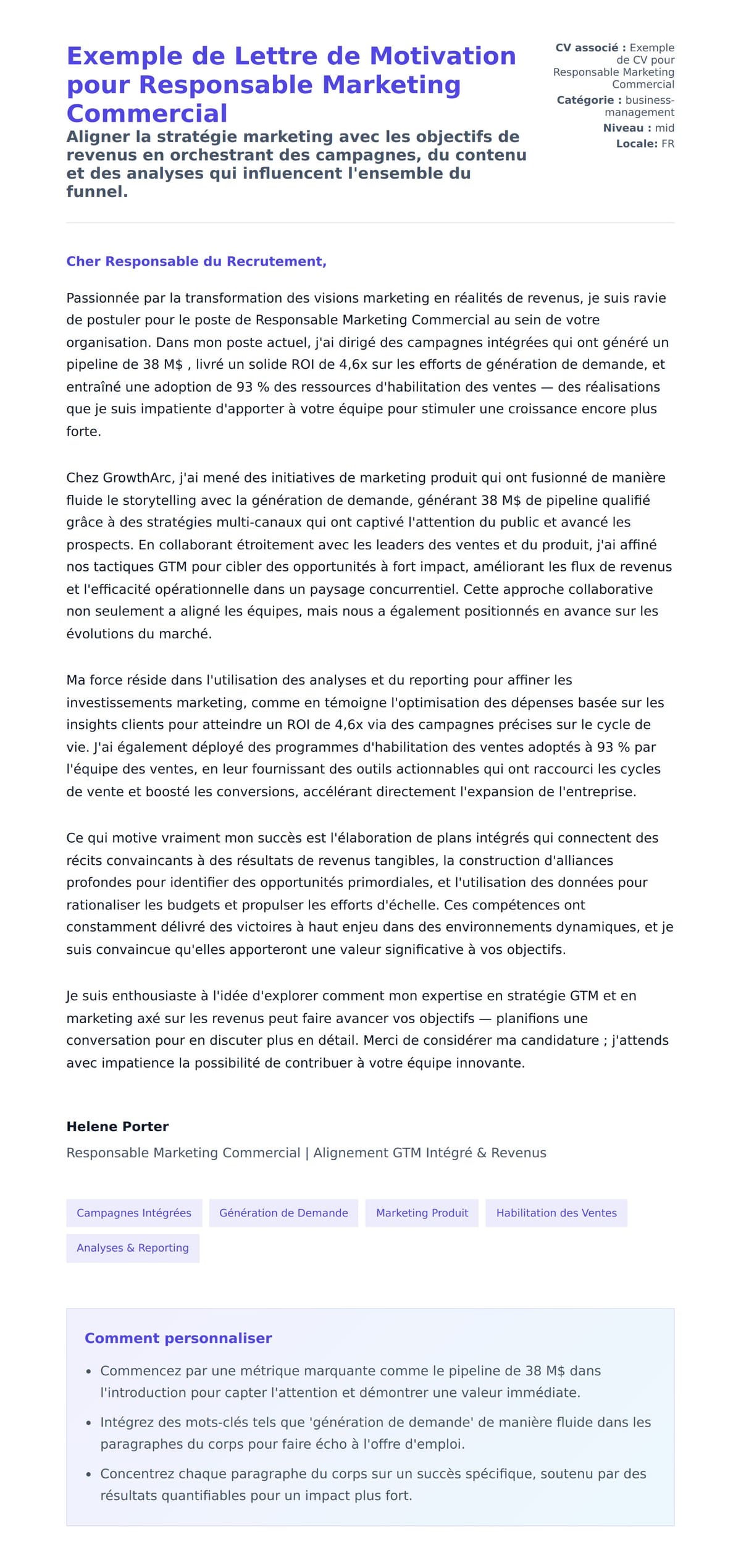 Aperçu de la lettre de motivation pour Exemple de Lettre de Motivation pour Responsable Marketing Commercial