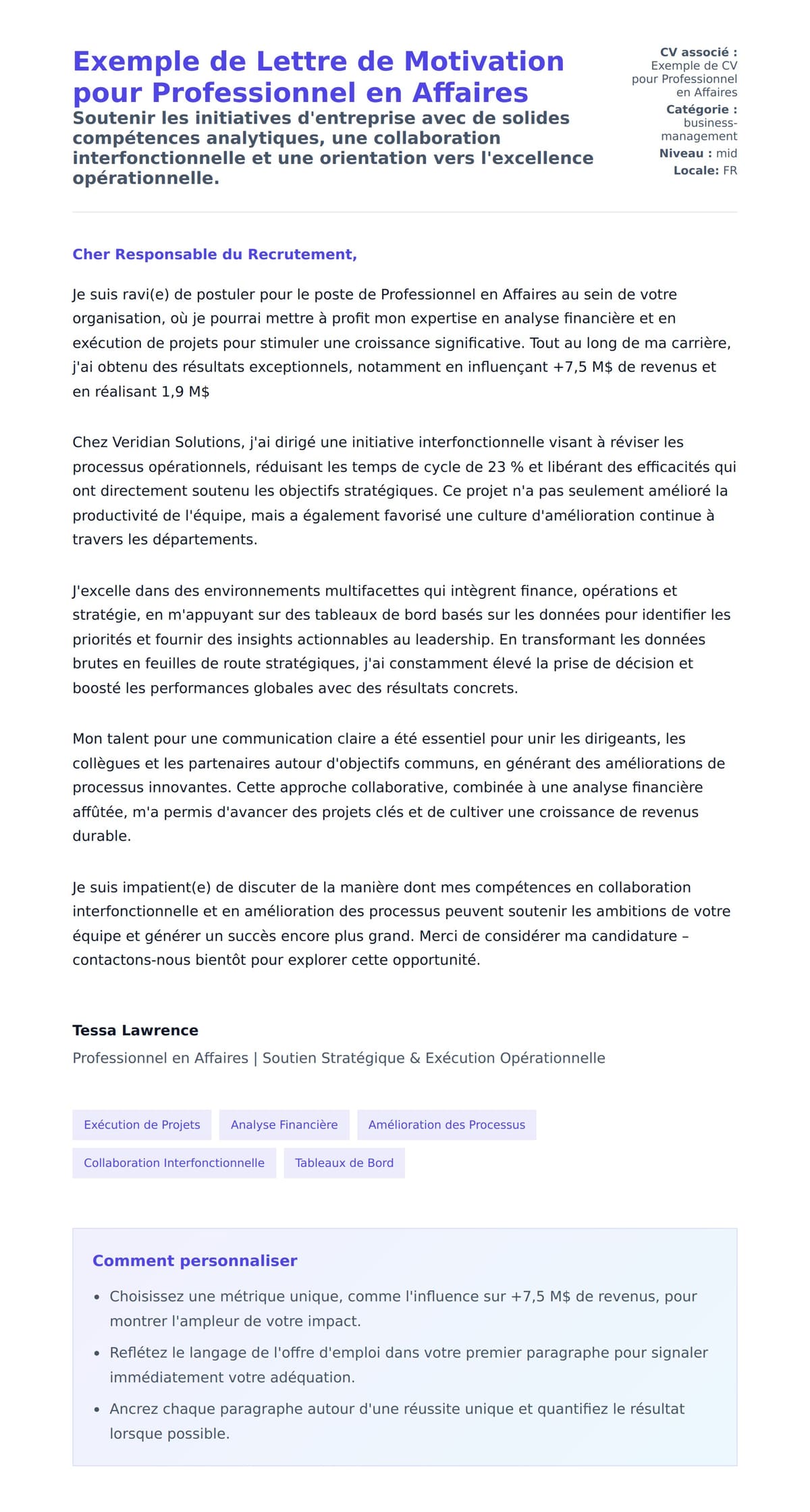 Aperçu de la lettre de motivation pour Exemple de Lettre de Motivation pour Professionnel en Affaires
