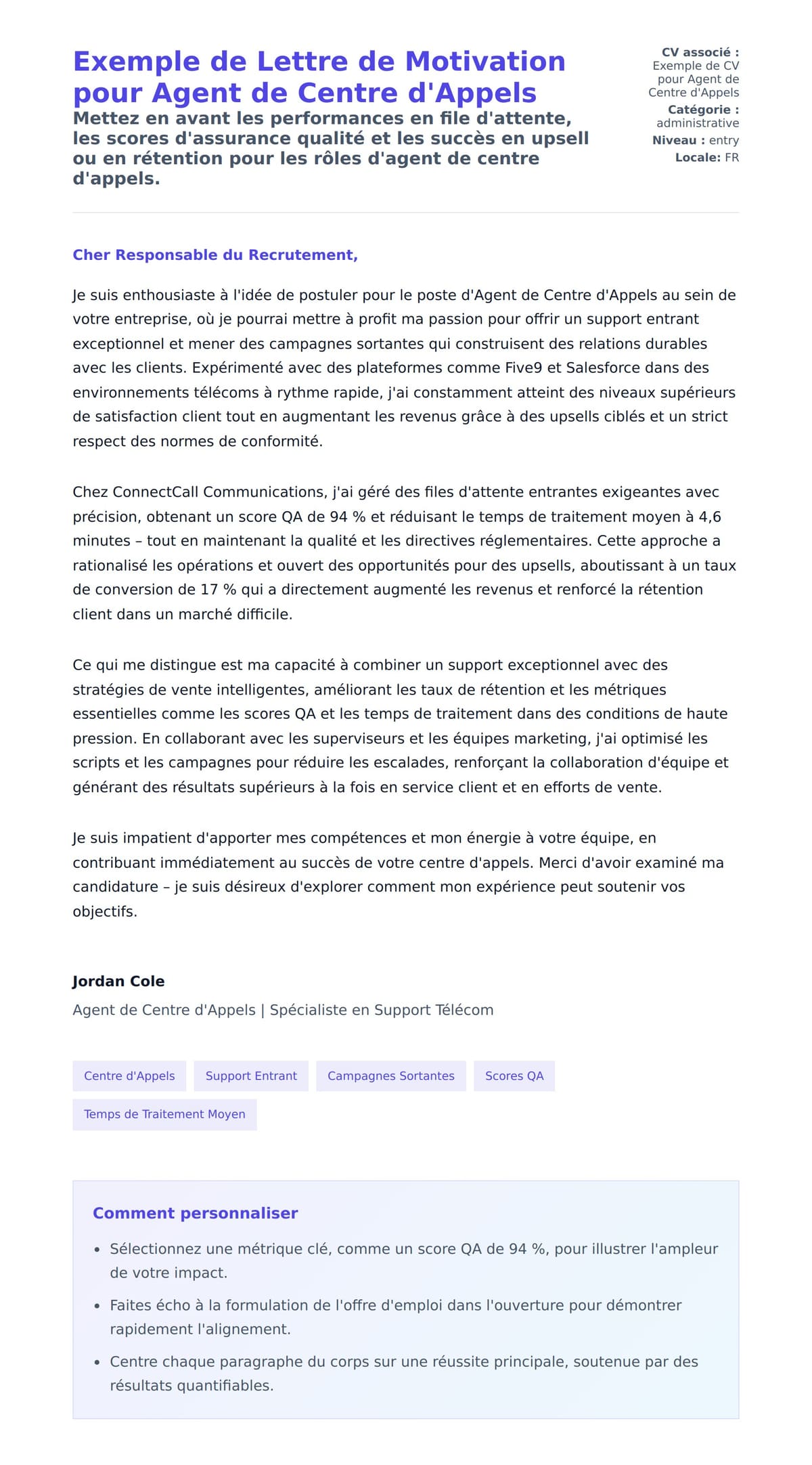 Exemple de Lettre de Motivation pour Agent de Centre d'Appels