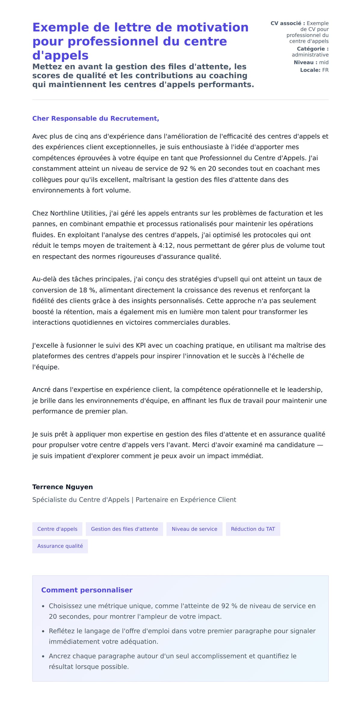 Exemple de lettre de motivation pour professionnel du centre d'appels