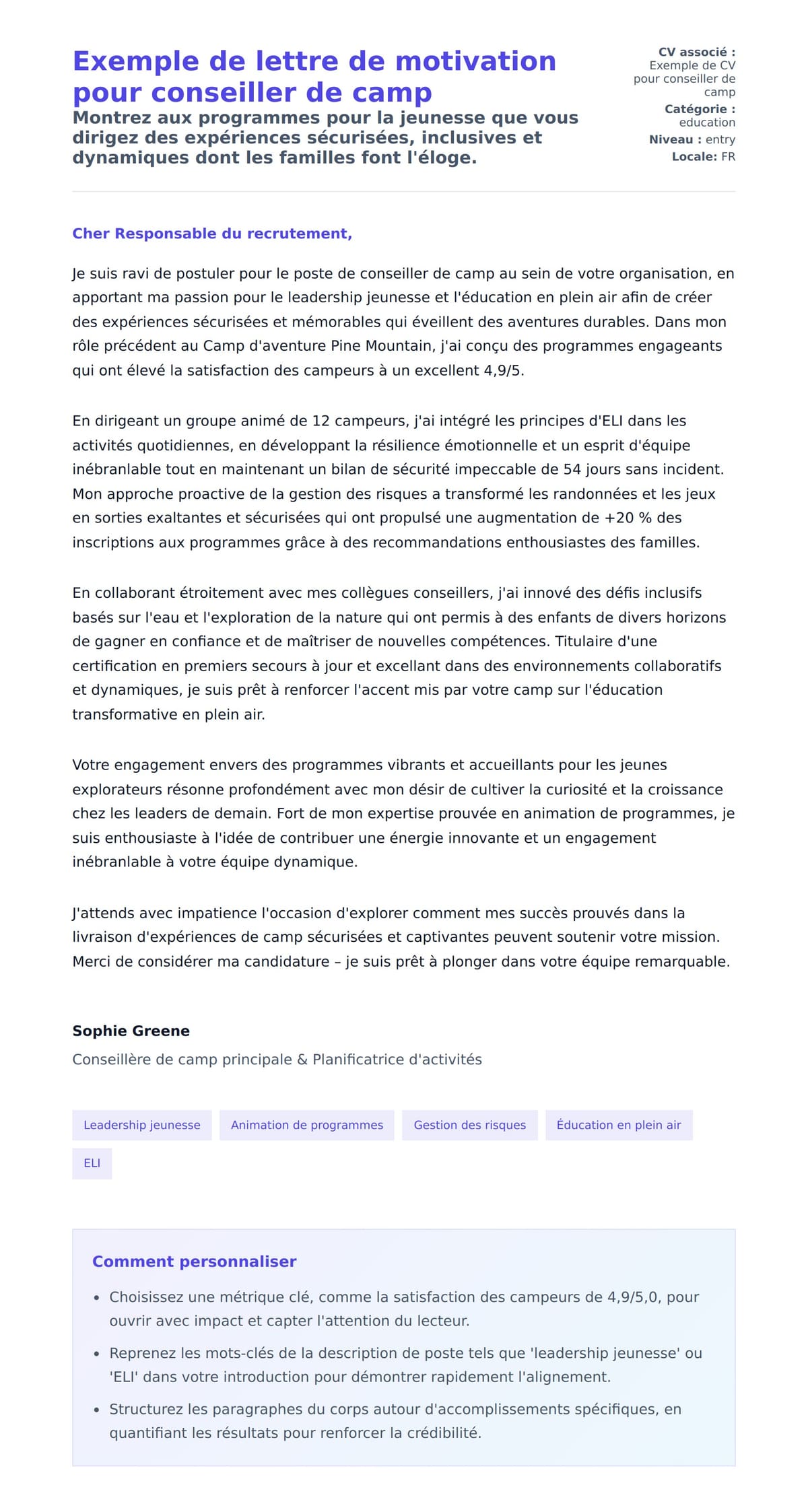Aperçu de la lettre de motivation pour Exemple de lettre de motivation pour conseiller de camp