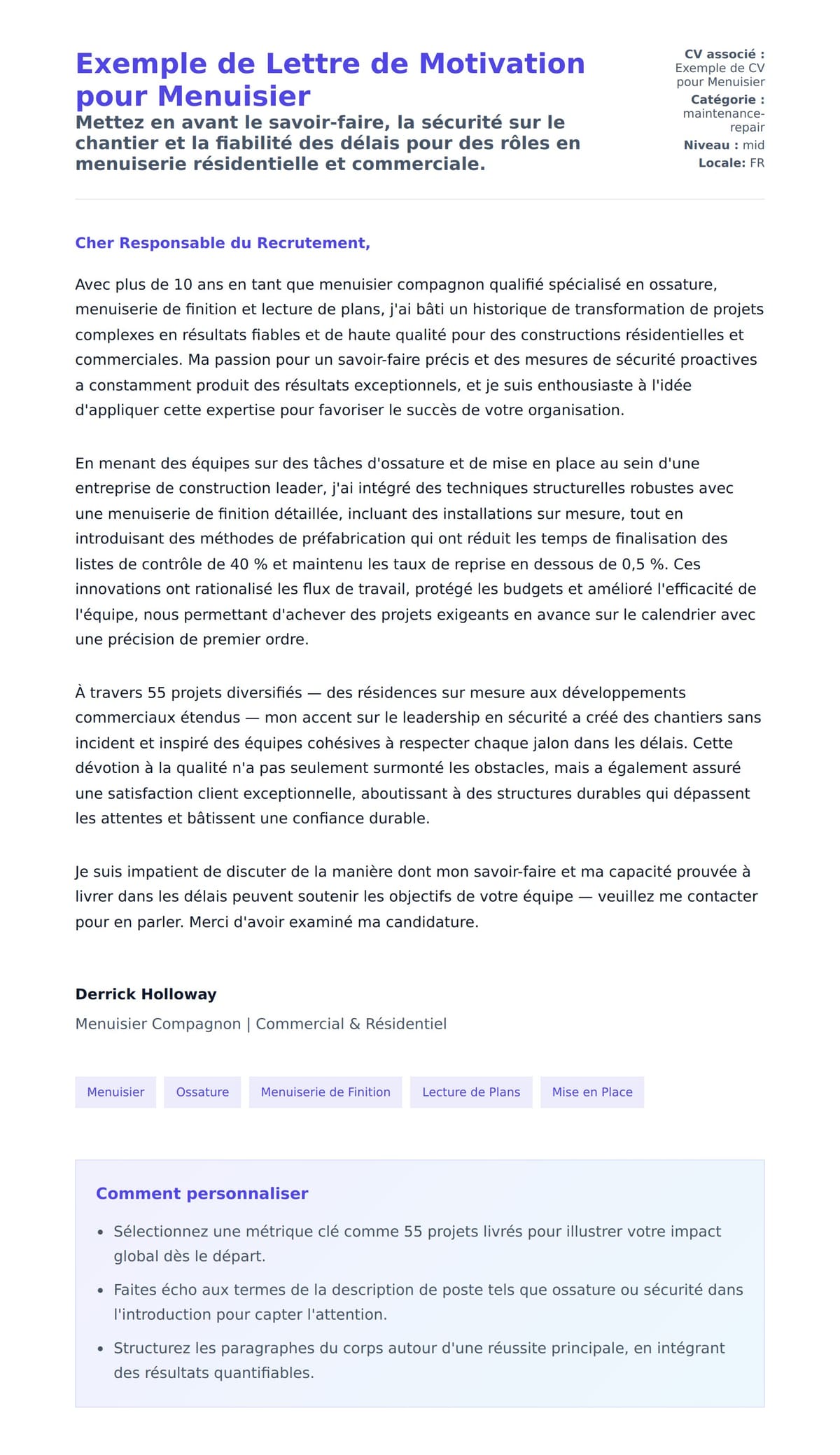 Aperçu de la lettre de motivation pour Exemple de Lettre de Motivation pour Menuisier