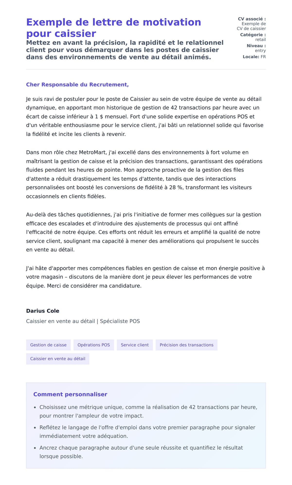 Aperçu de la lettre de motivation pour Exemple de lettre de motivation pour caissier