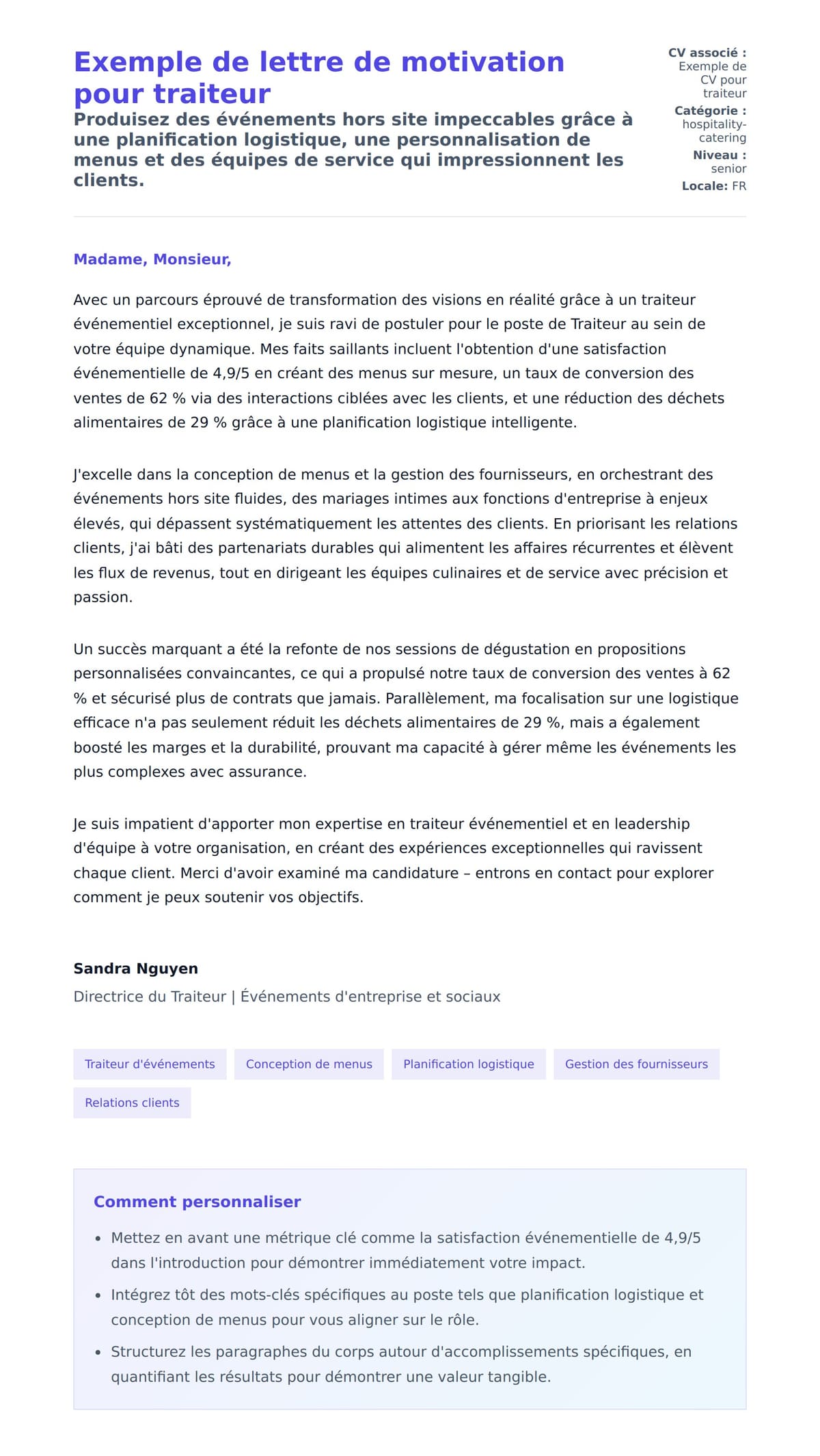 Aperçu de la lettre de motivation pour Exemple de lettre de motivation pour traiteur