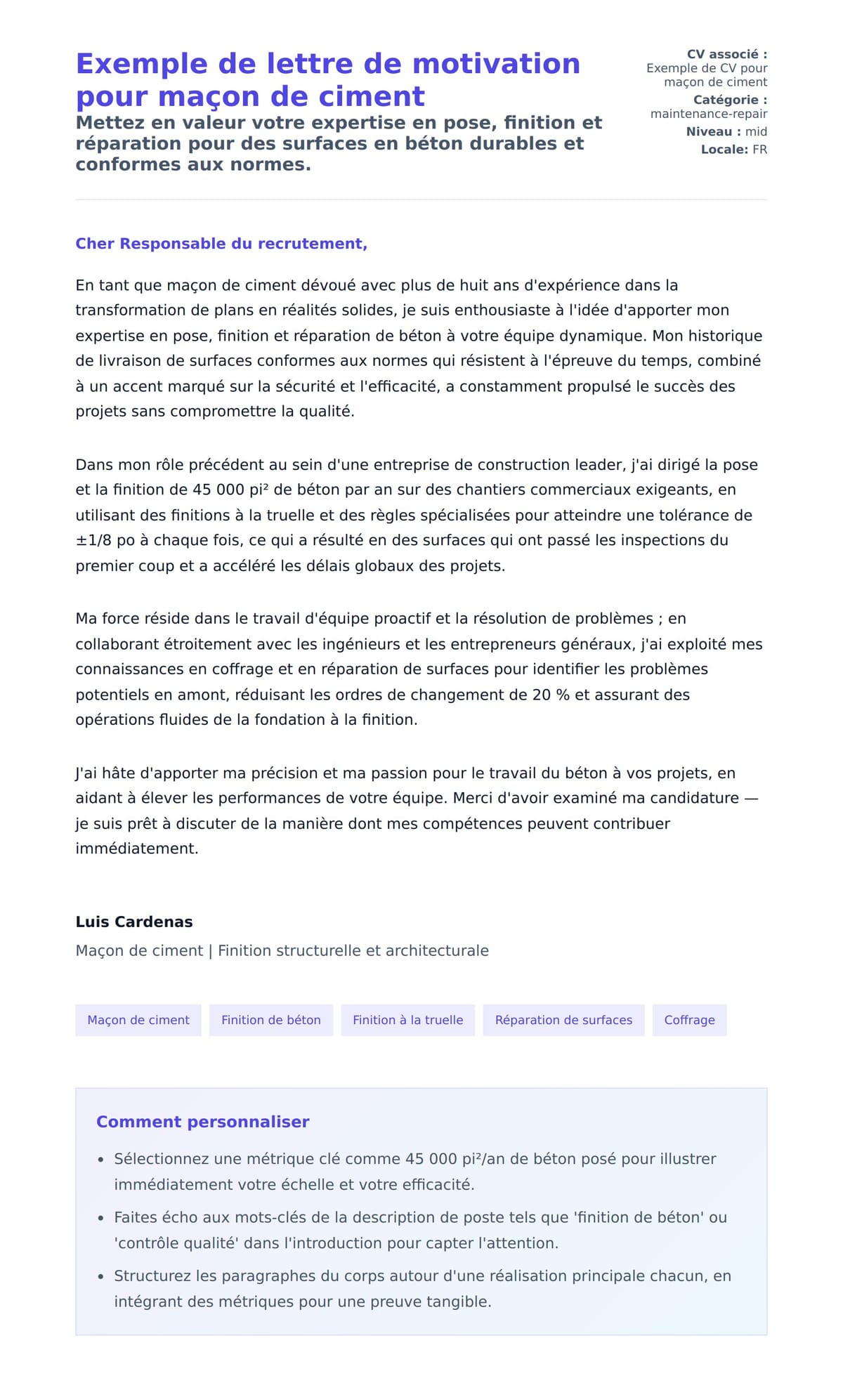 Aperçu de la lettre de motivation pour Exemple de lettre de motivation pour maçon de ciment