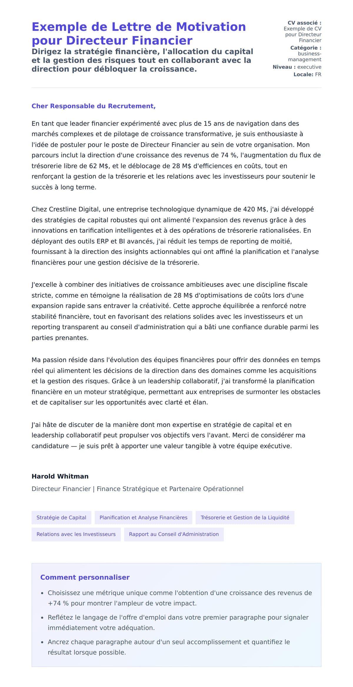 Aperçu de la lettre de motivation pour Exemple de Lettre de Motivation pour Directeur Financier