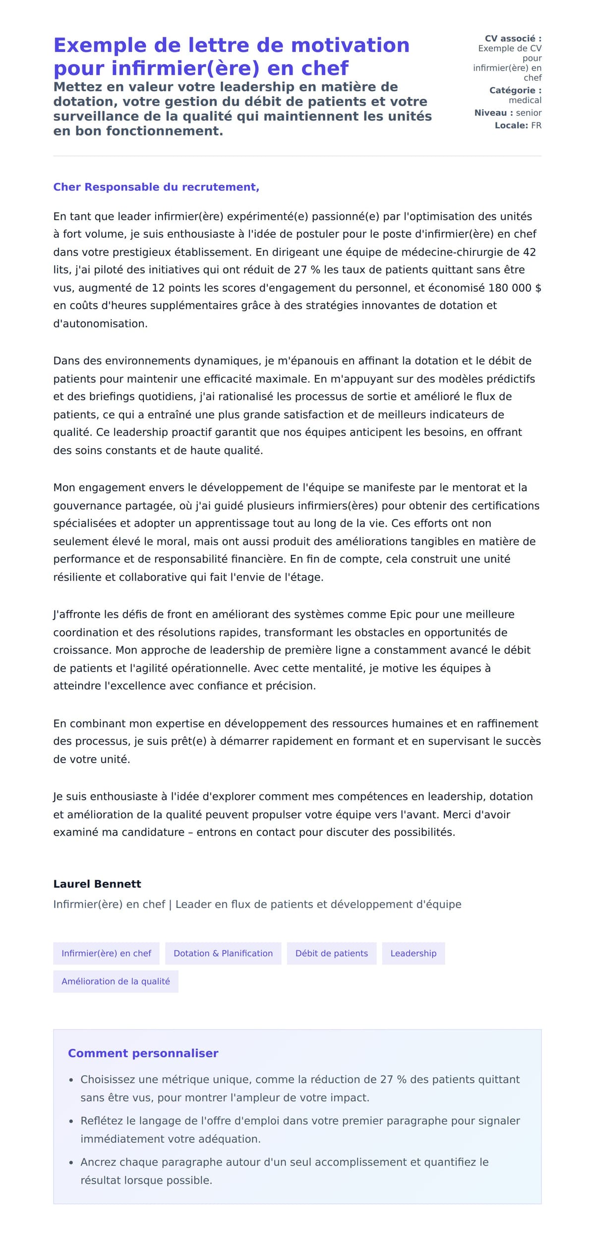 Aperçu de la lettre de motivation pour Exemple de lettre de motivation pour infirmier(ère) en chef