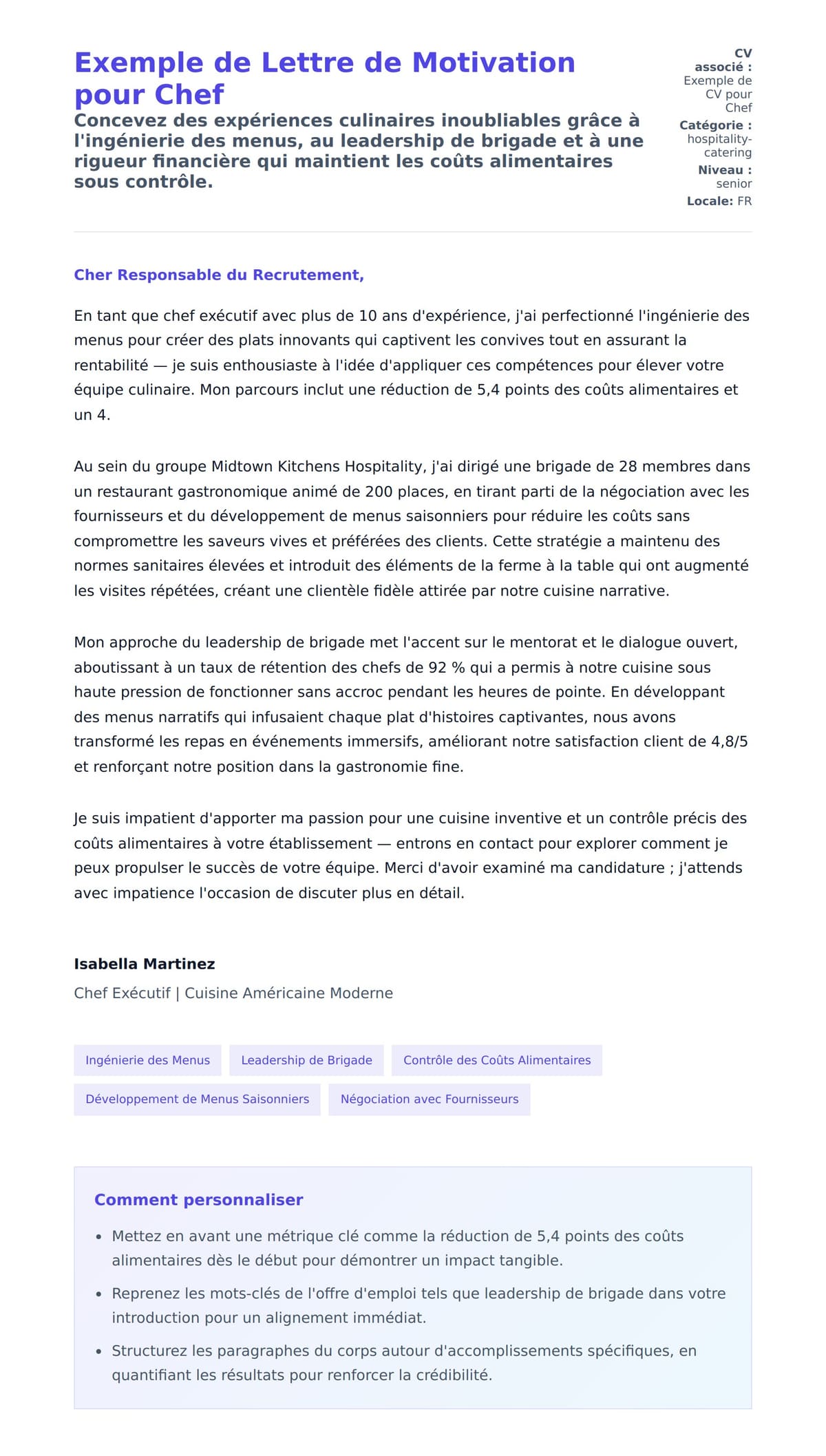 Aperçu de la lettre de motivation pour Exemple de Lettre de Motivation pour Chef