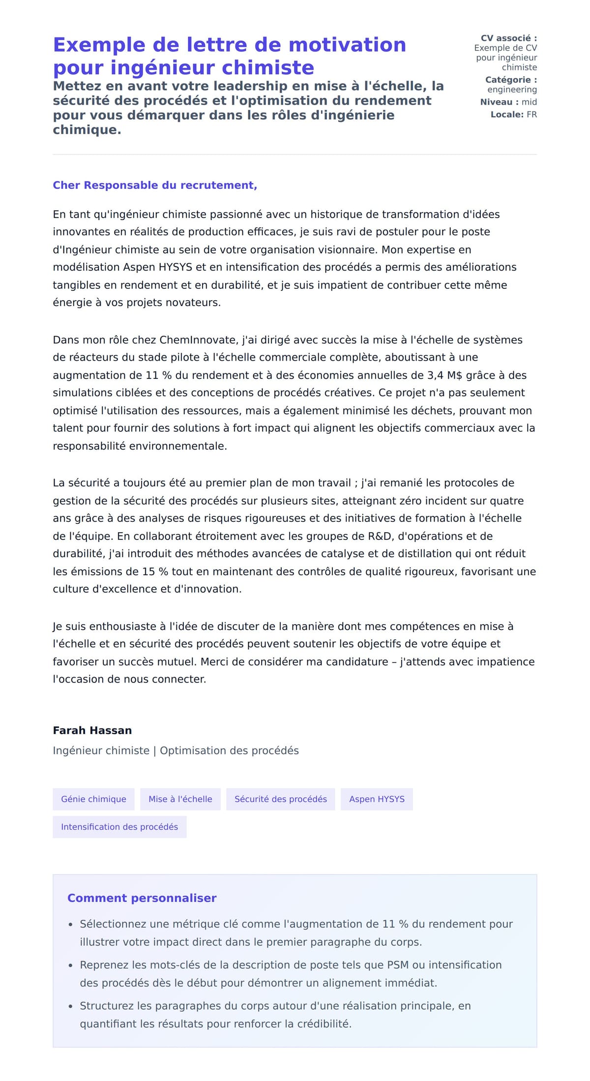 Aperçu de la lettre de motivation pour Exemple de lettre de motivation pour ingénieur chimiste