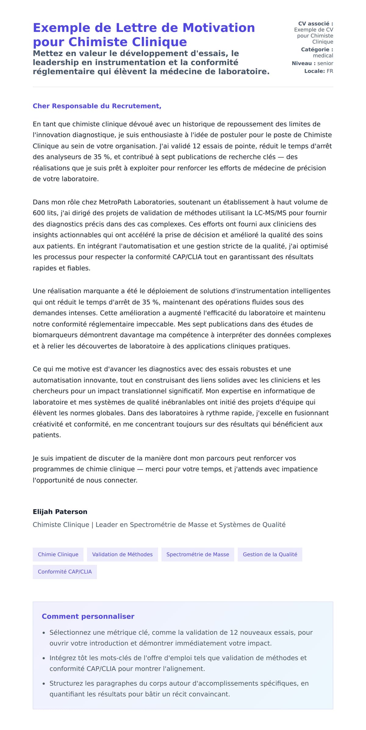Aperçu de la lettre de motivation pour Exemple de Lettre de Motivation pour Chimiste Clinique