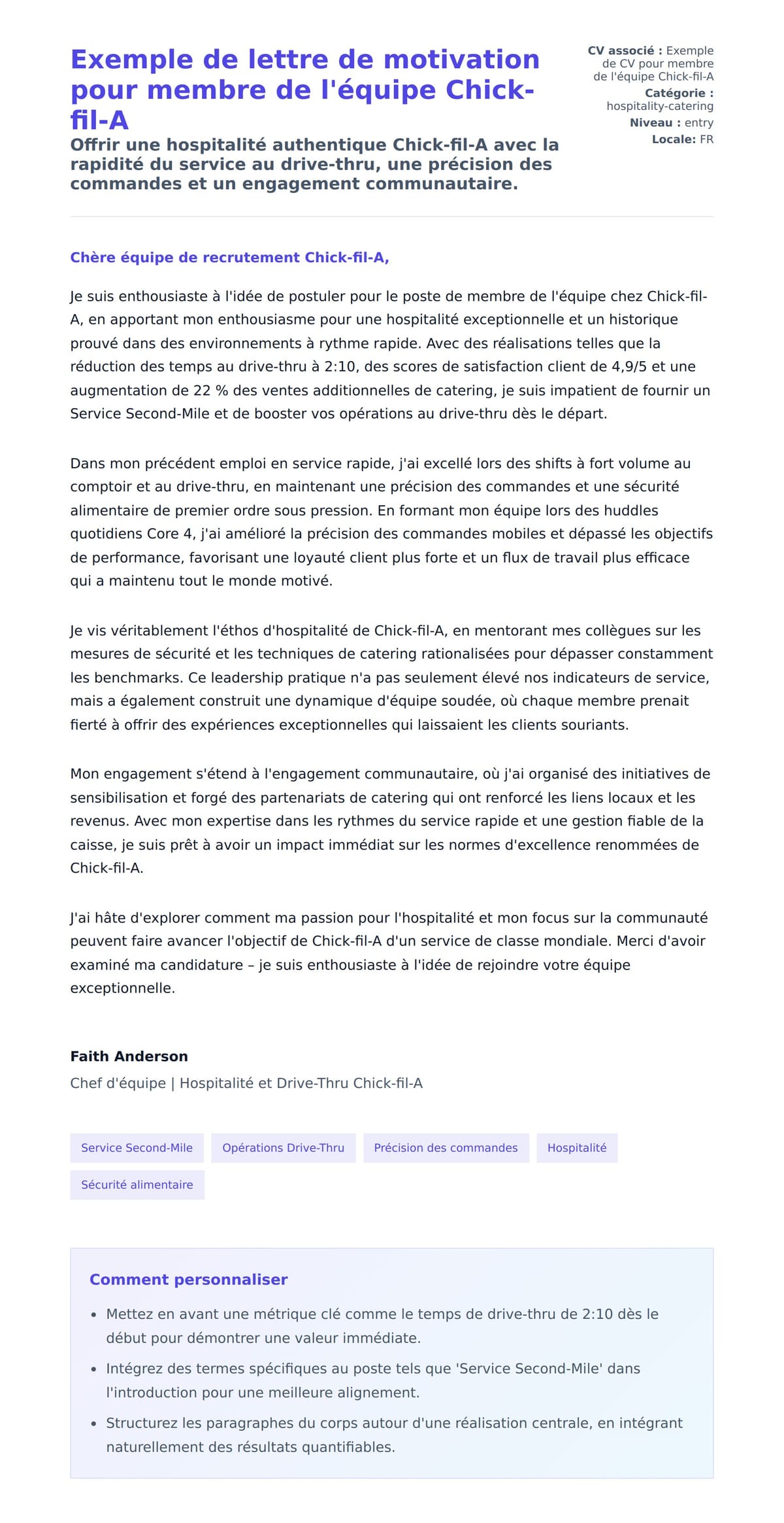 Aperçu de la lettre de motivation pour Exemple de lettre de motivation pour membre de l'équipe Chick-fil-A