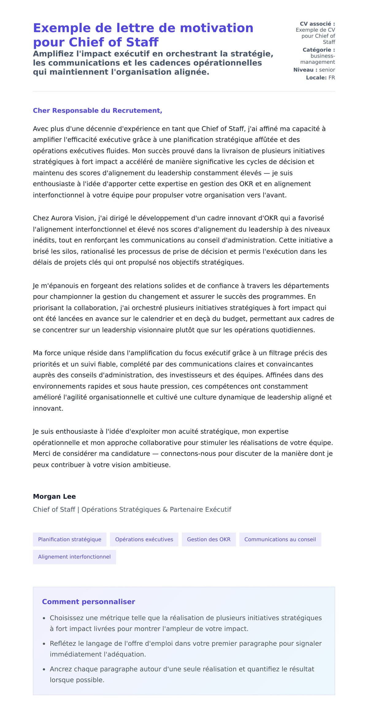 Aperçu de la lettre de motivation pour Exemple de lettre de motivation pour Chief of Staff