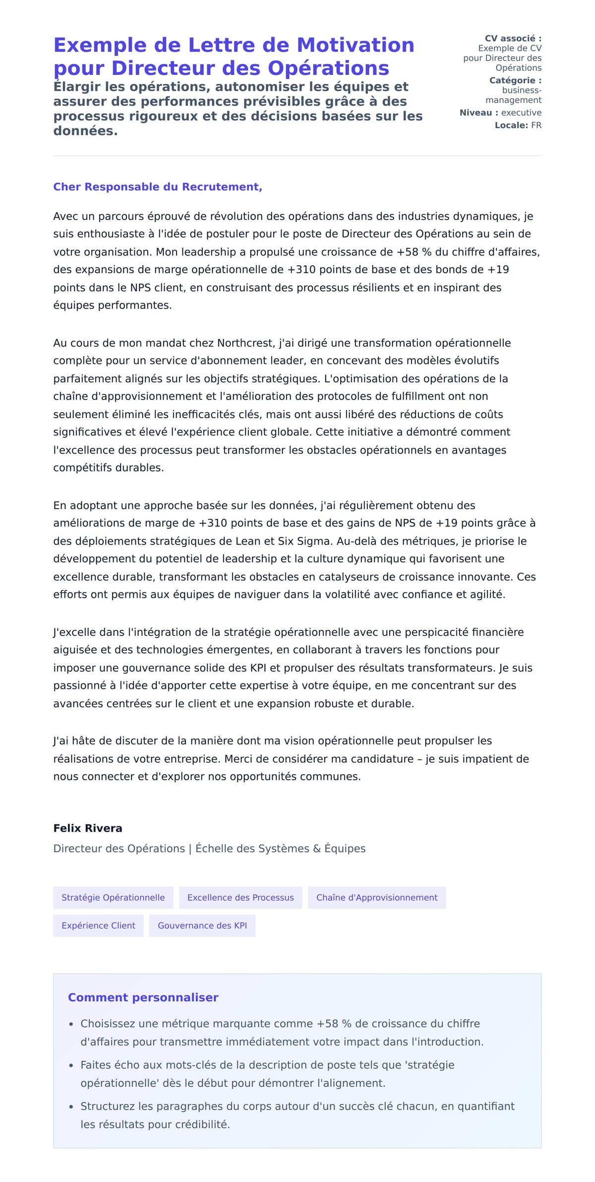 Aperçu de la lettre de motivation pour Exemple de Lettre de Motivation pour Directeur des Opérations