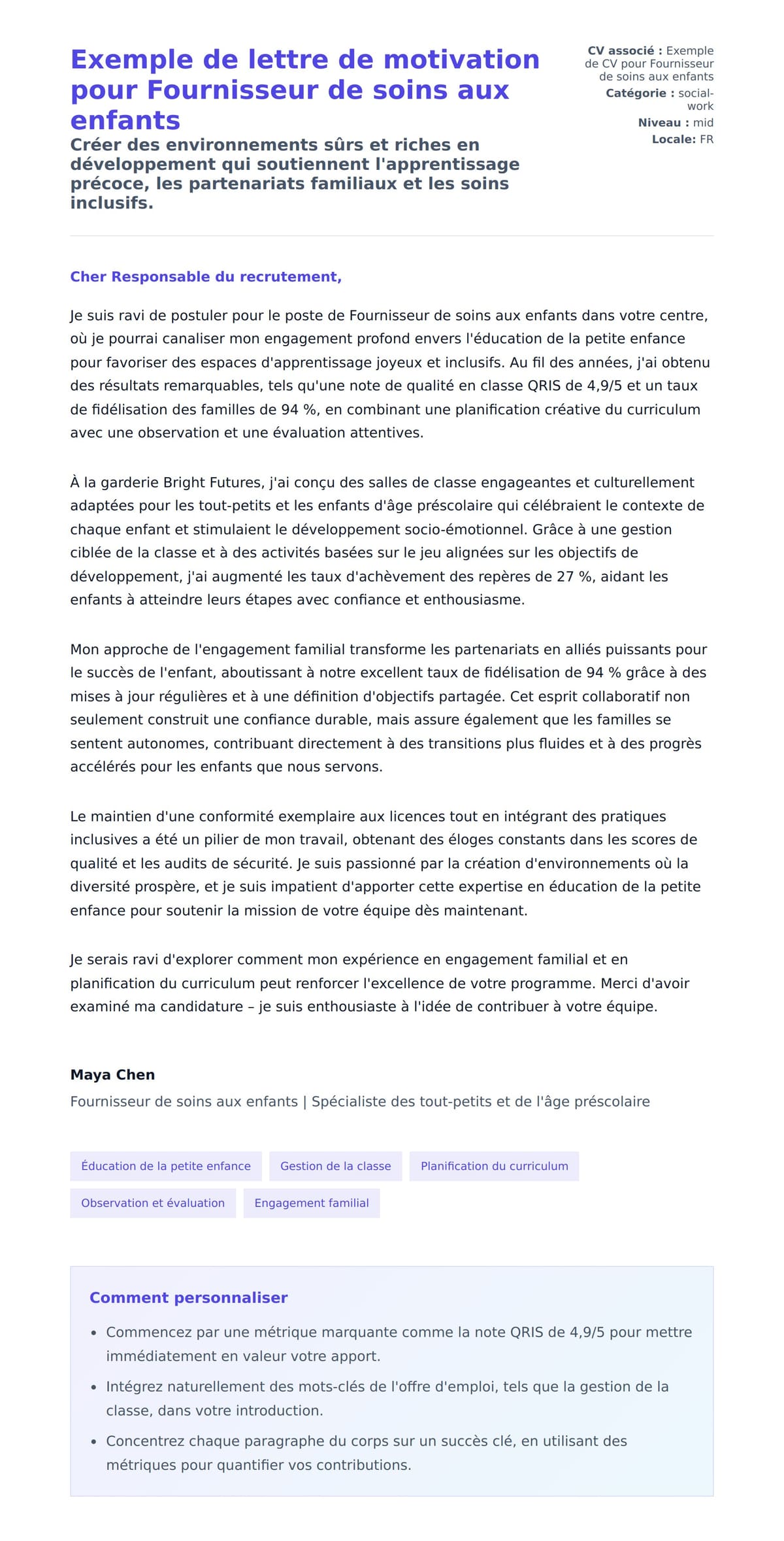 Aperçu de la lettre de motivation pour Exemple de lettre de motivation pour Fournisseur de soins aux enfants