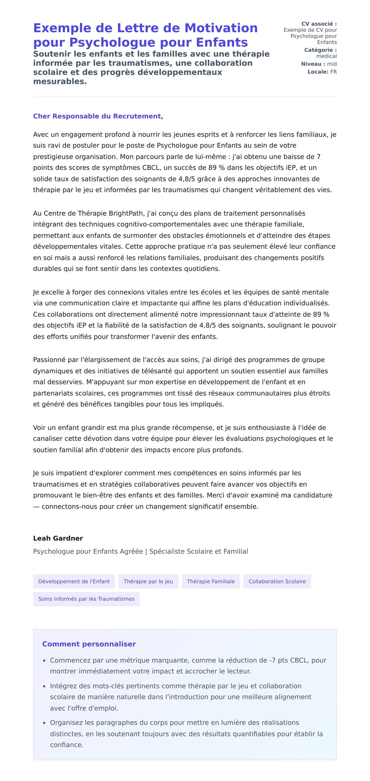 Aperçu de la lettre de motivation pour Exemple de Lettre de Motivation pour Psychologue pour Enfants