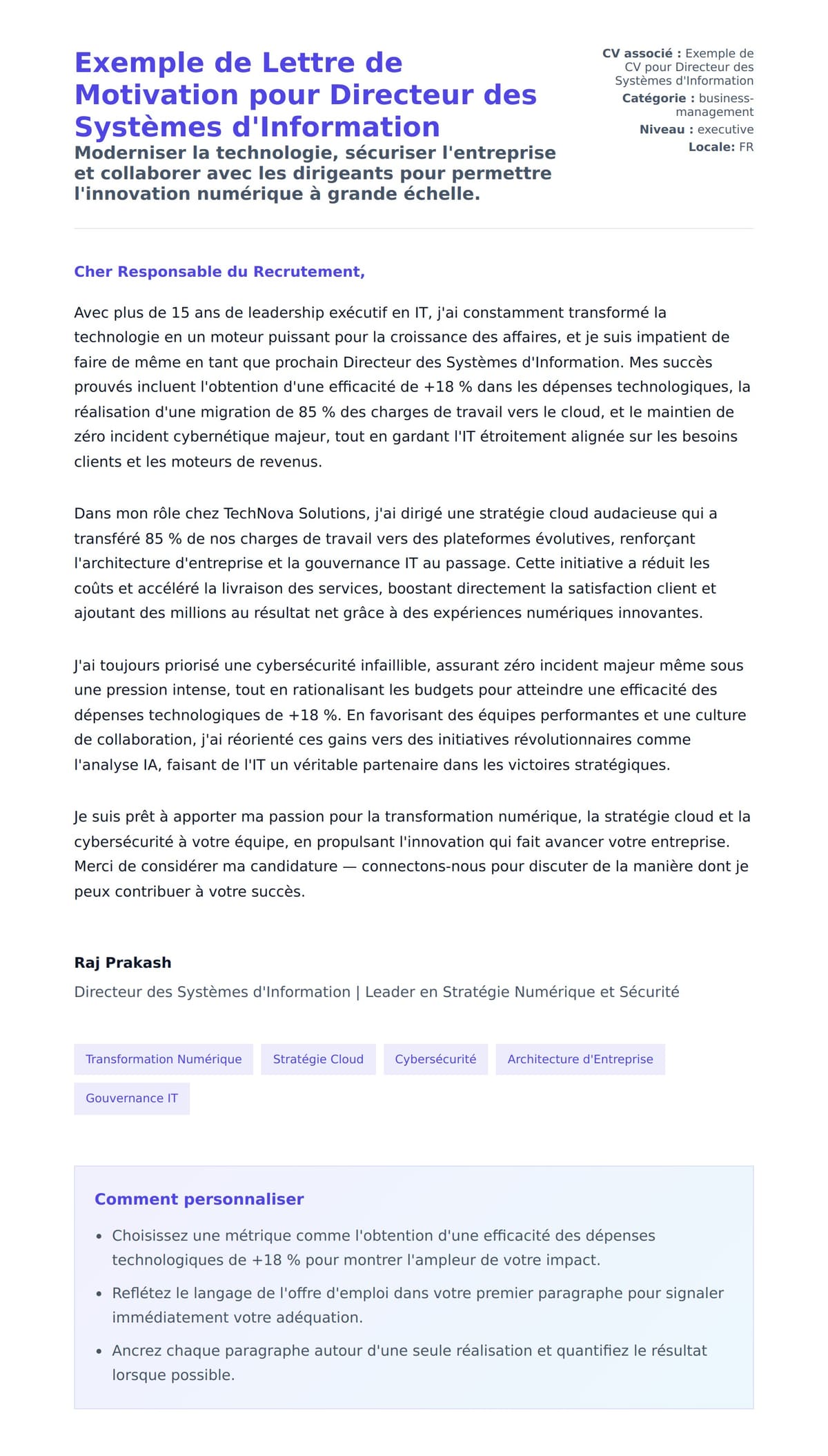Aperçu de la lettre de motivation pour Exemple de Lettre de Motivation pour Directeur des Systèmes d'Information