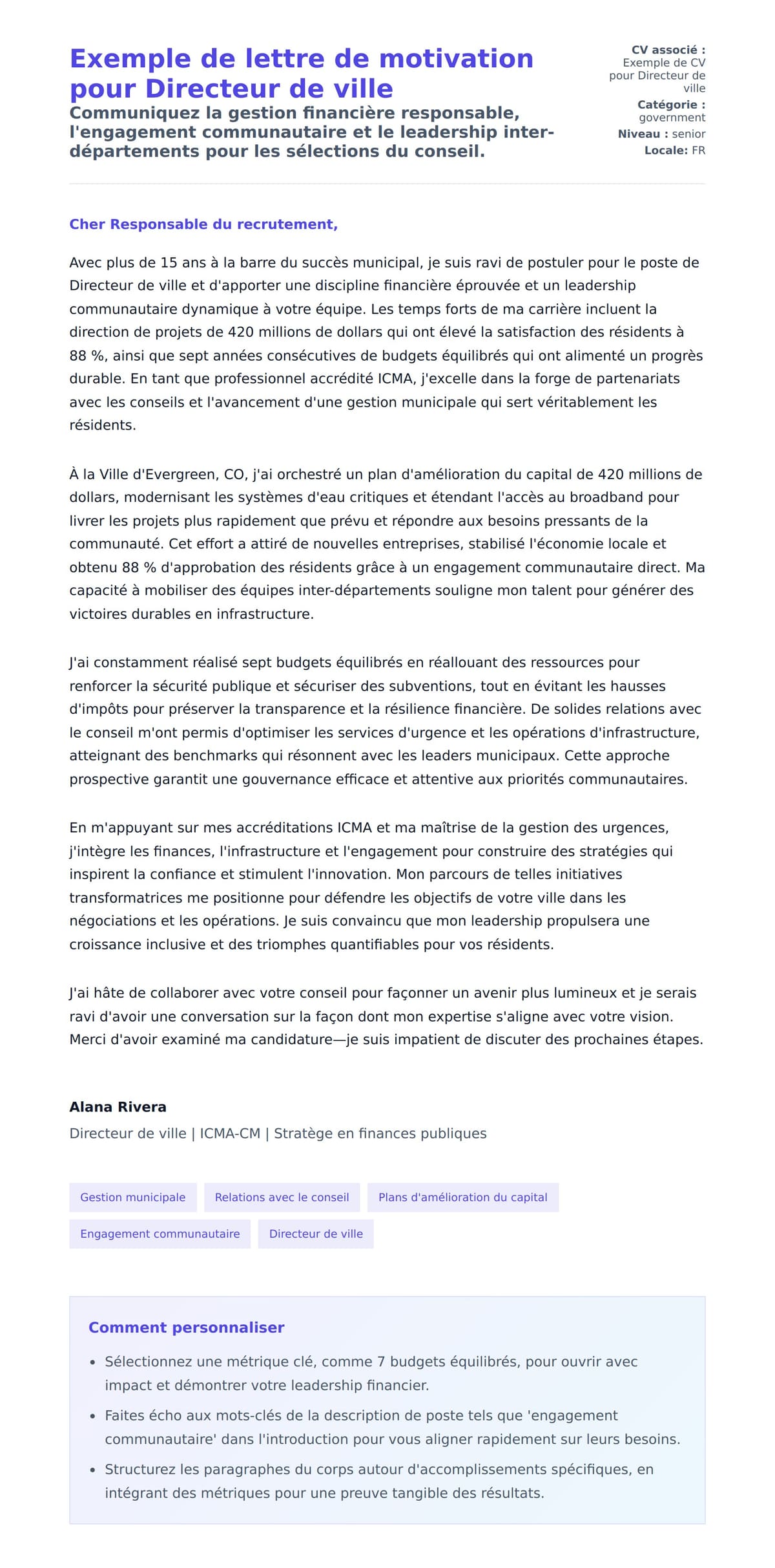 Aperçu de la lettre de motivation pour Exemple de lettre de motivation pour Directeur de ville