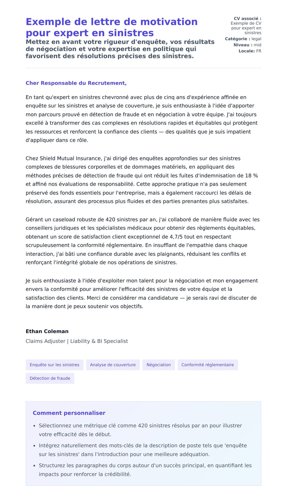 Aperçu de la lettre de motivation pour Exemple de lettre de motivation pour expert en sinistres