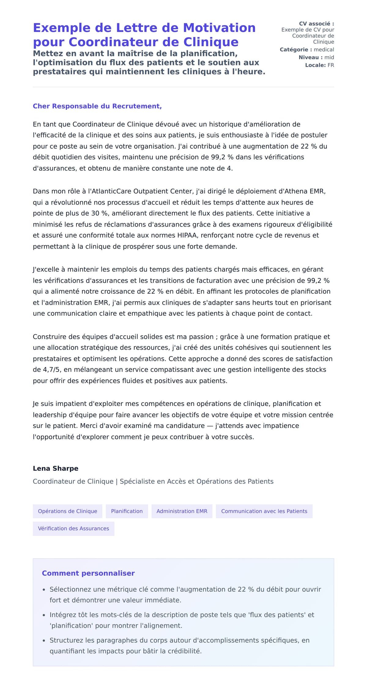 Aperçu de la lettre de motivation pour Exemple de Lettre de Motivation pour Coordinateur de Clinique