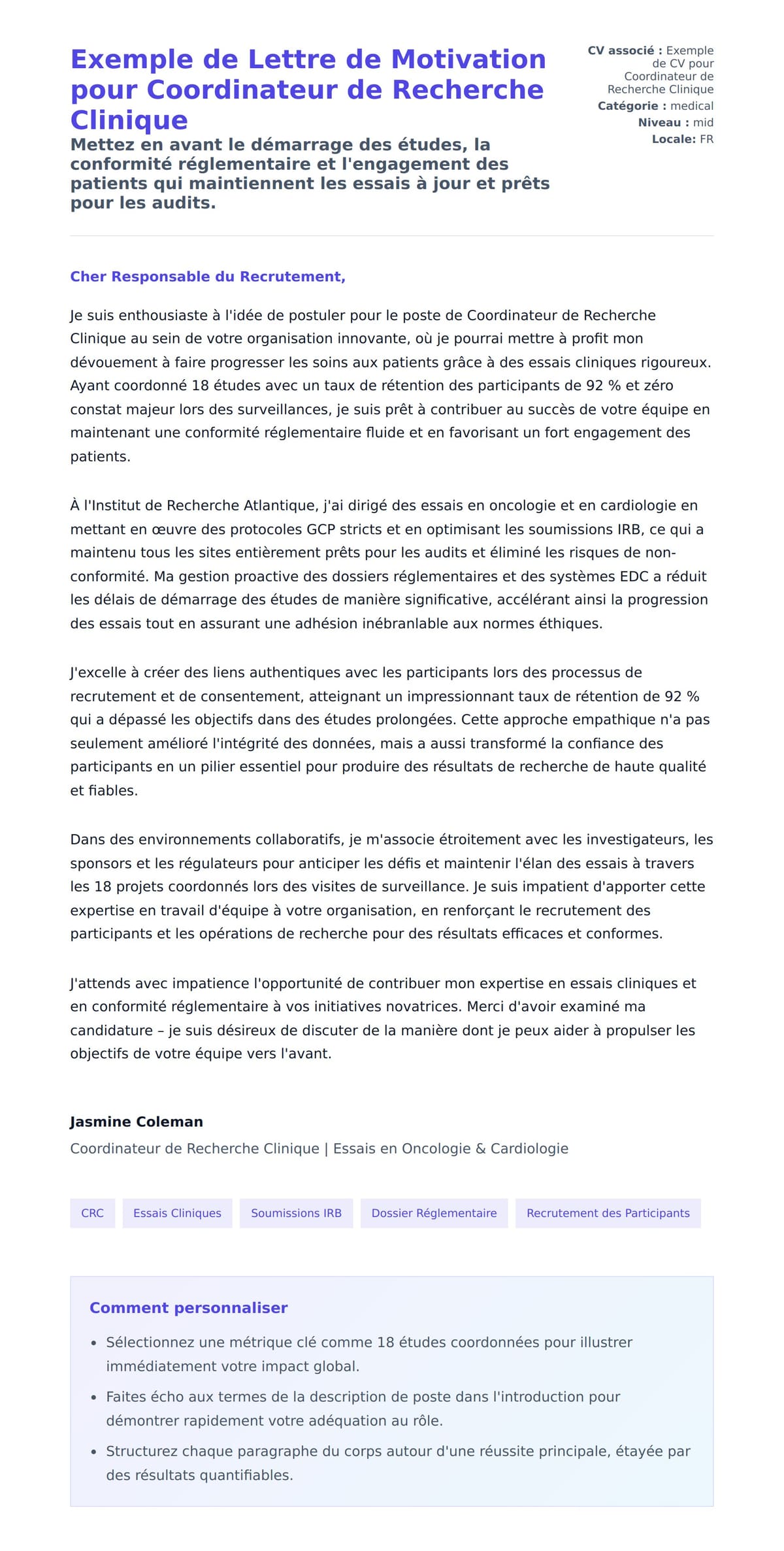 Aperçu de la lettre de motivation pour Exemple de Lettre de Motivation pour Coordinateur de Recherche Clinique