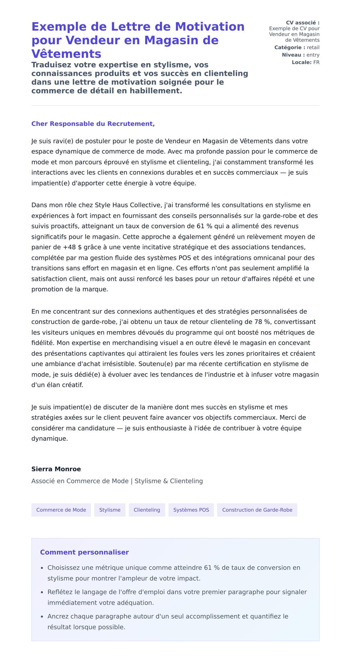 Aperçu de la lettre de motivation pour Exemple de Lettre de Motivation pour Vendeur en Magasin de Vêtements