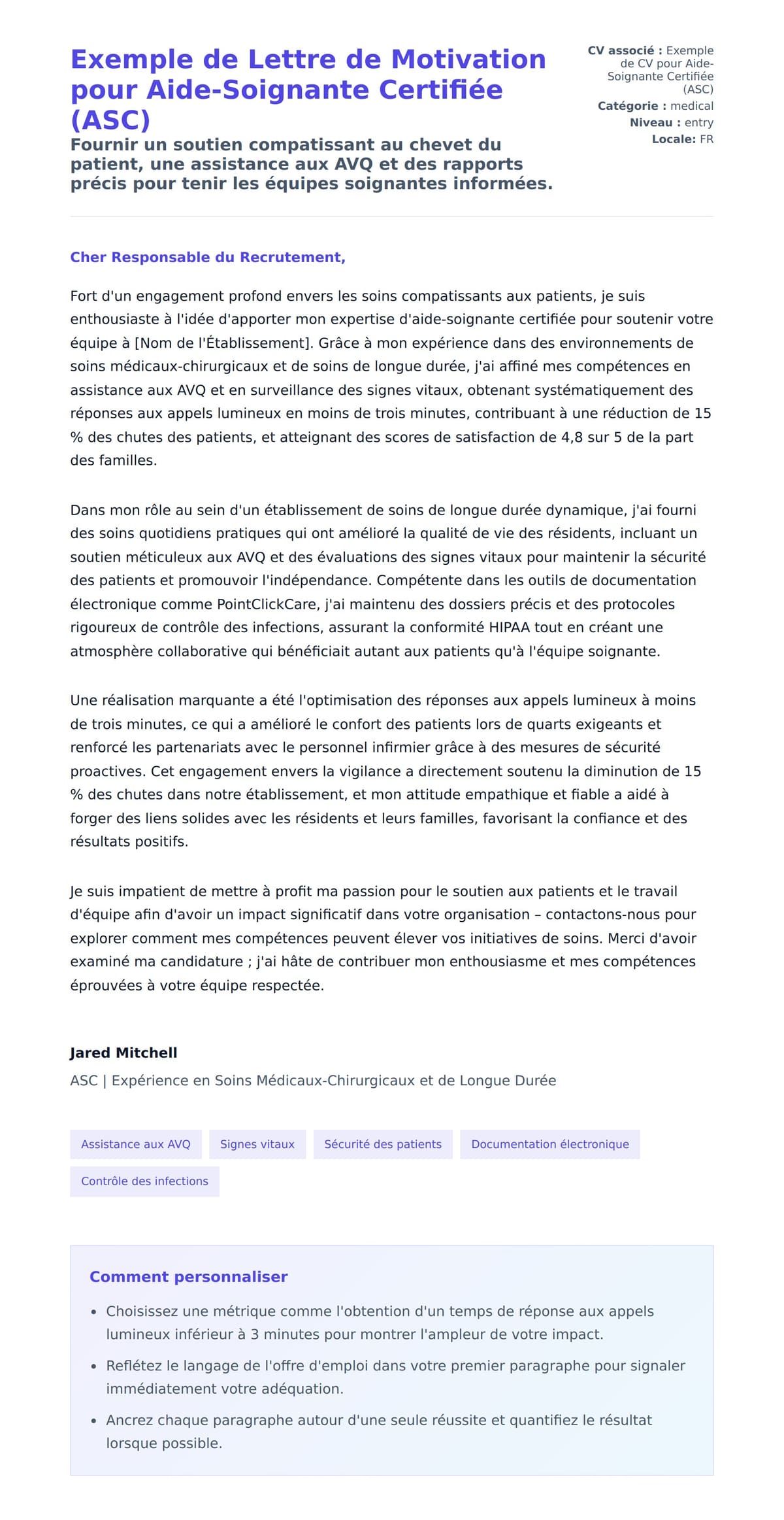 Aperçu de la lettre de motivation pour Exemple de Lettre de Motivation pour Aide-Soignante Certifiée (ASC)