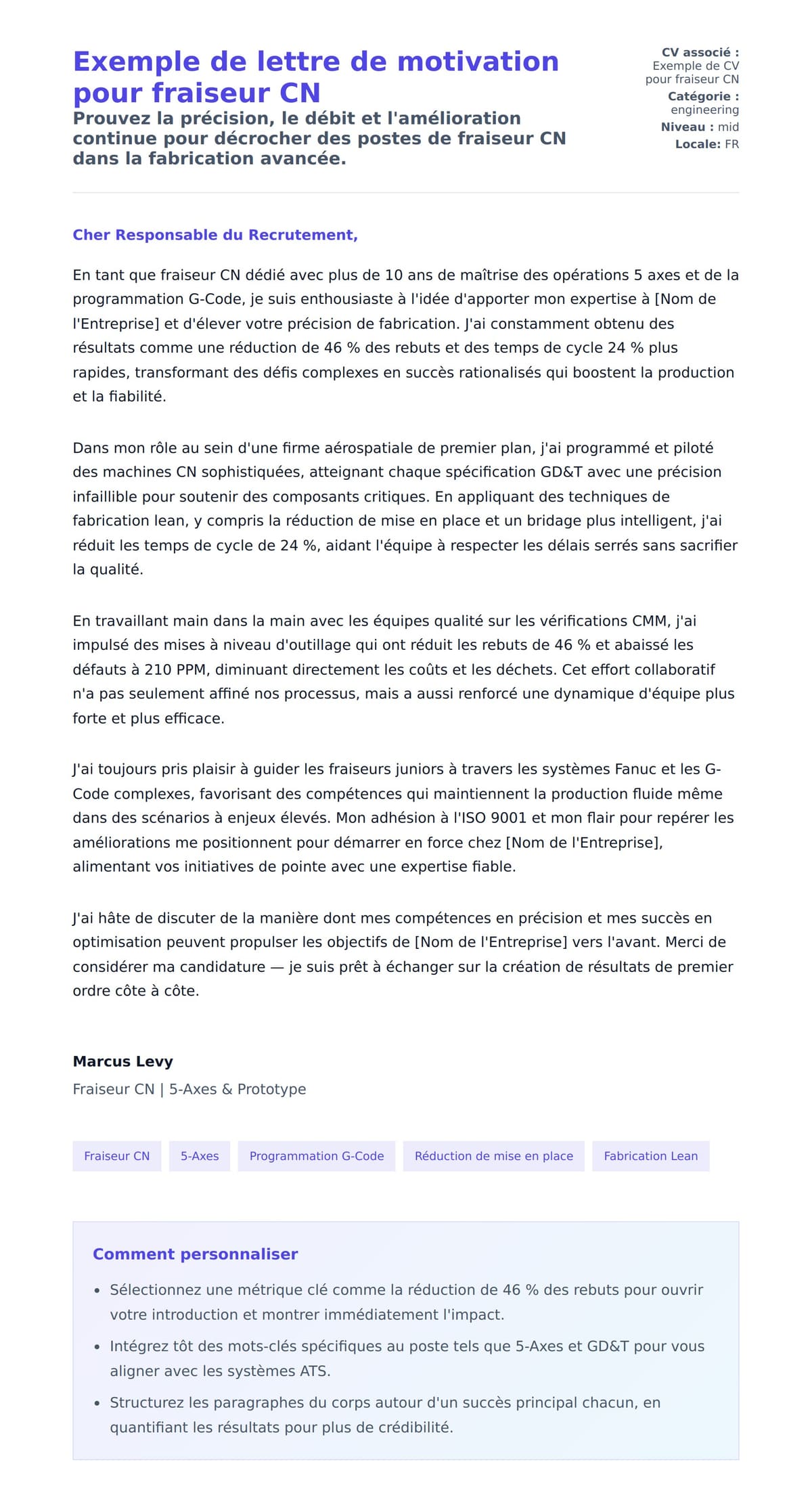 Aperçu de la lettre de motivation pour Exemple de lettre de motivation pour fraiseur CN