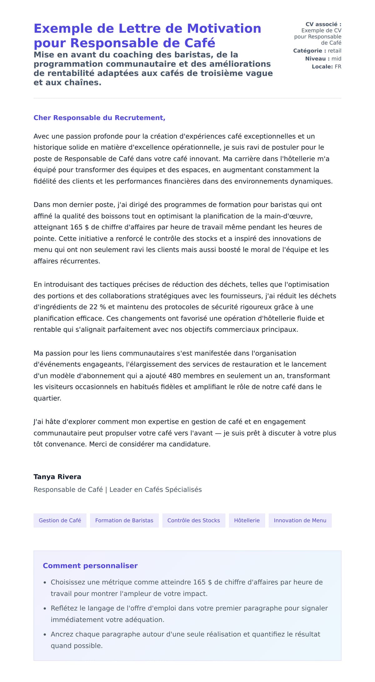 Aperçu de la lettre de motivation pour Exemple de Lettre de Motivation pour Responsable de Café