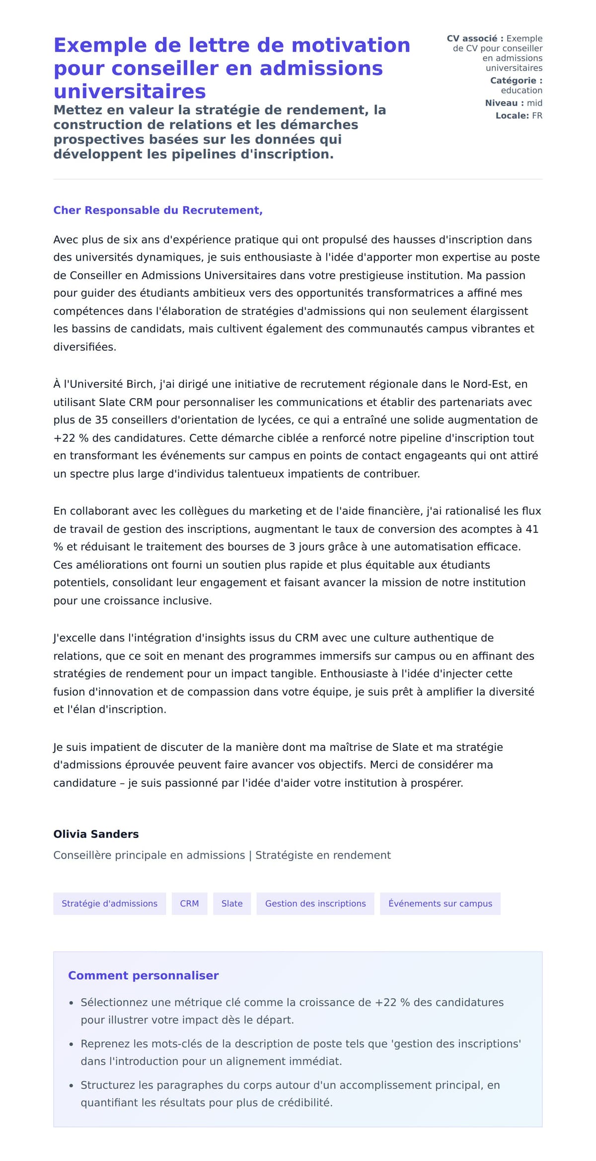 Aperçu de la lettre de motivation pour Exemple de lettre de motivation pour conseiller en admissions universitaires