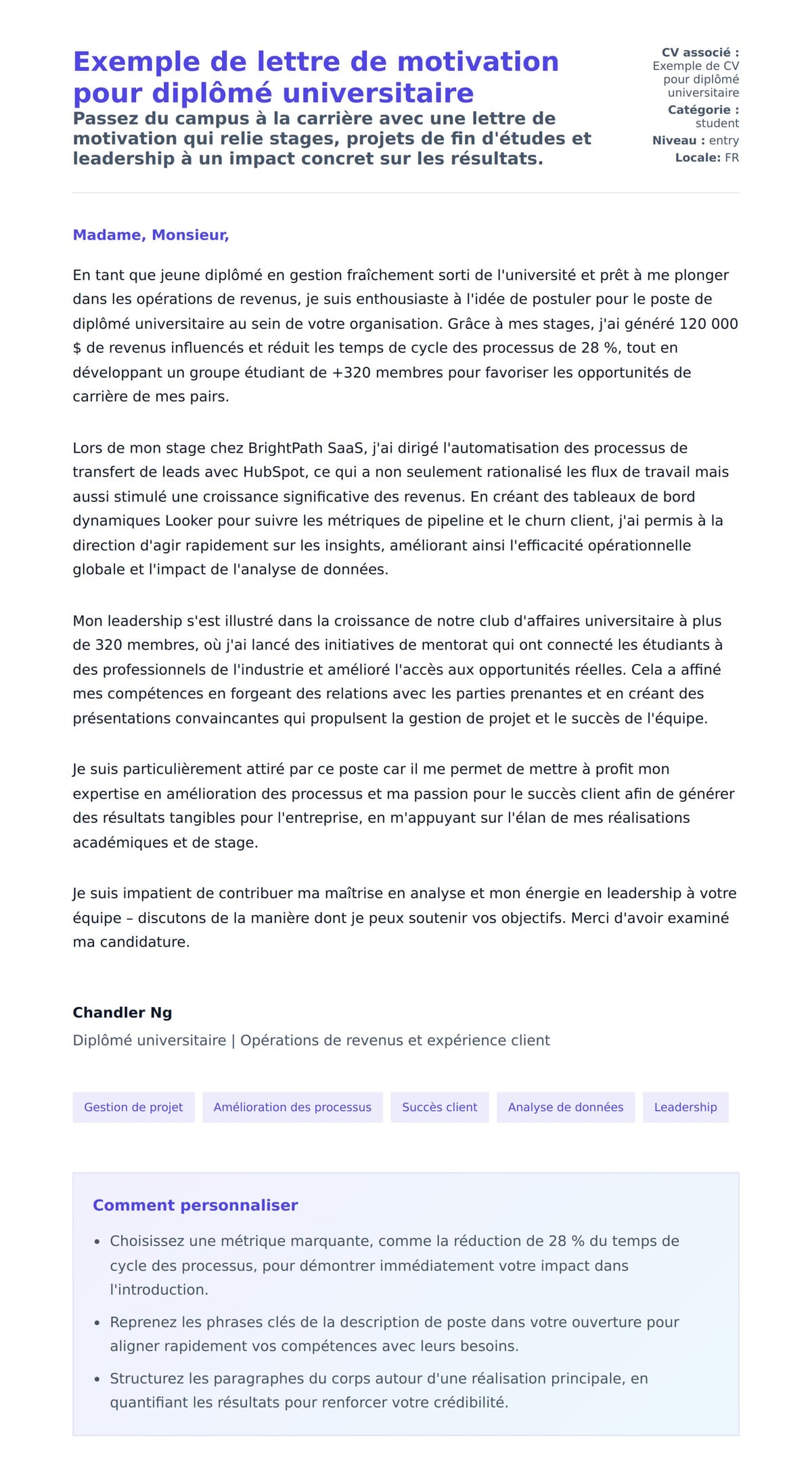 Aperçu de la lettre de motivation pour Exemple de lettre de motivation pour diplômé universitaire