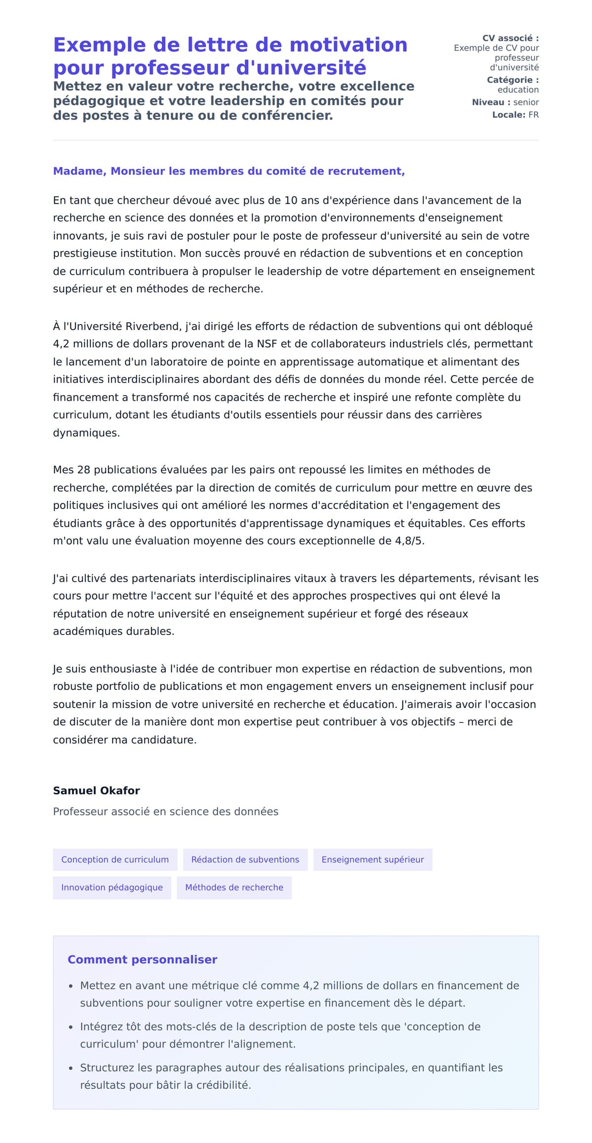Aperçu de la lettre de motivation pour Exemple de lettre de motivation pour professeur d'université