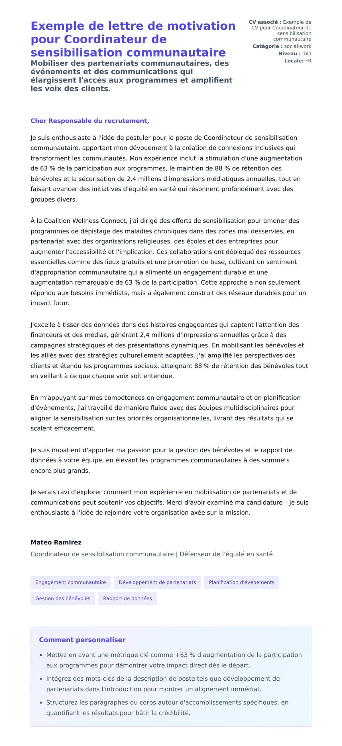 Aperçu de la lettre de motivation pour Exemple de lettre de motivation pour Coordinateur de sensibilisation communautaire