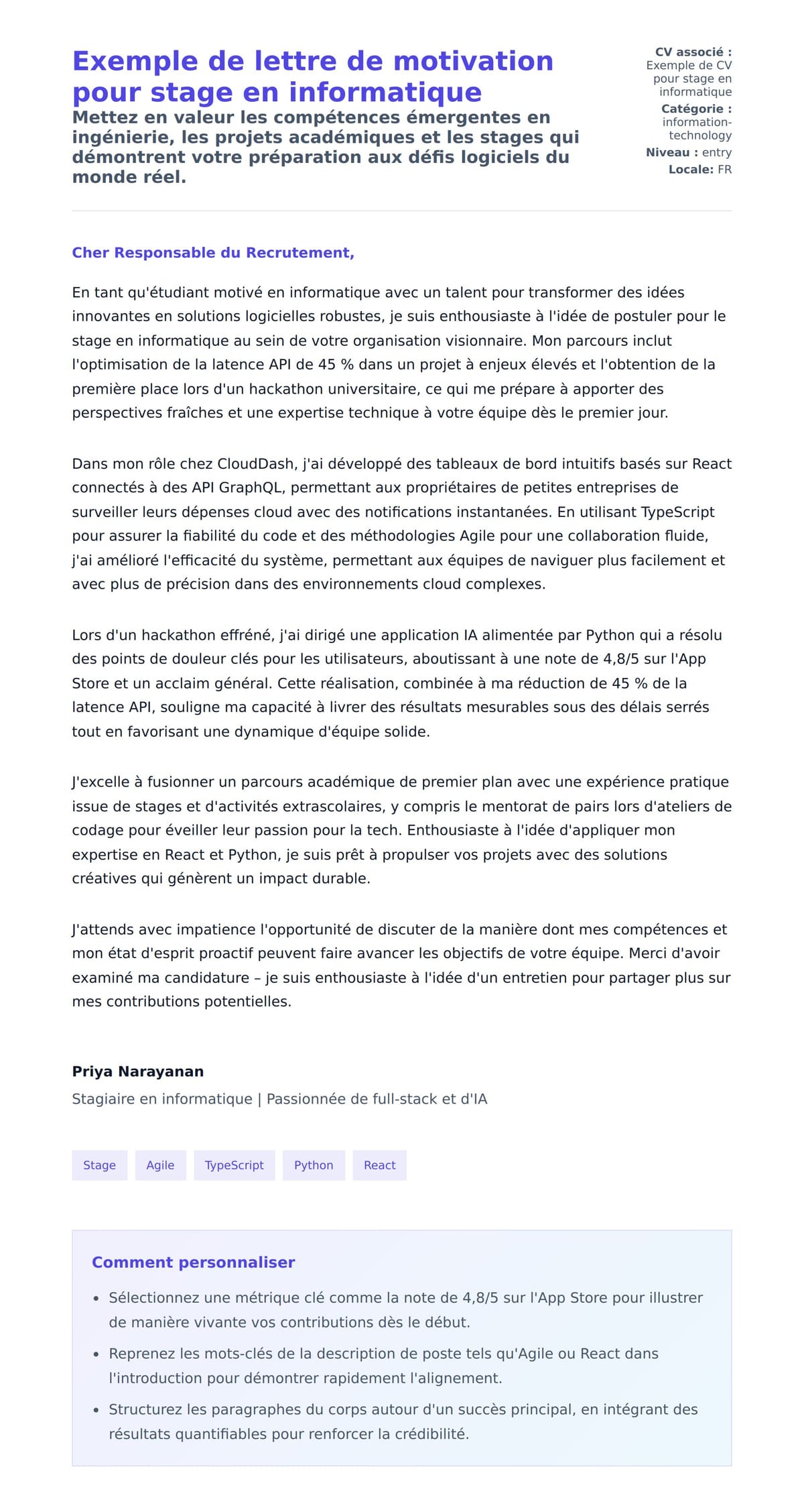 Aperçu de la lettre de motivation pour Exemple de lettre de motivation pour stage en informatique