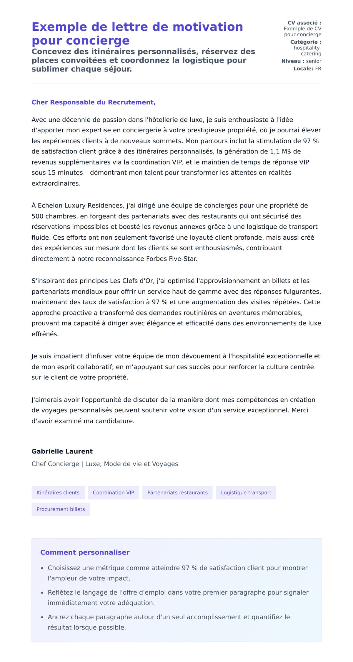 Aperçu de la lettre de motivation pour Exemple de lettre de motivation pour concierge