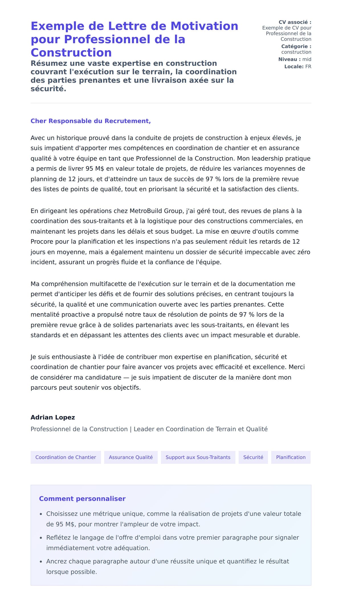 Aperçu de la lettre de motivation pour Exemple de Lettre de Motivation pour Professionnel de la Construction