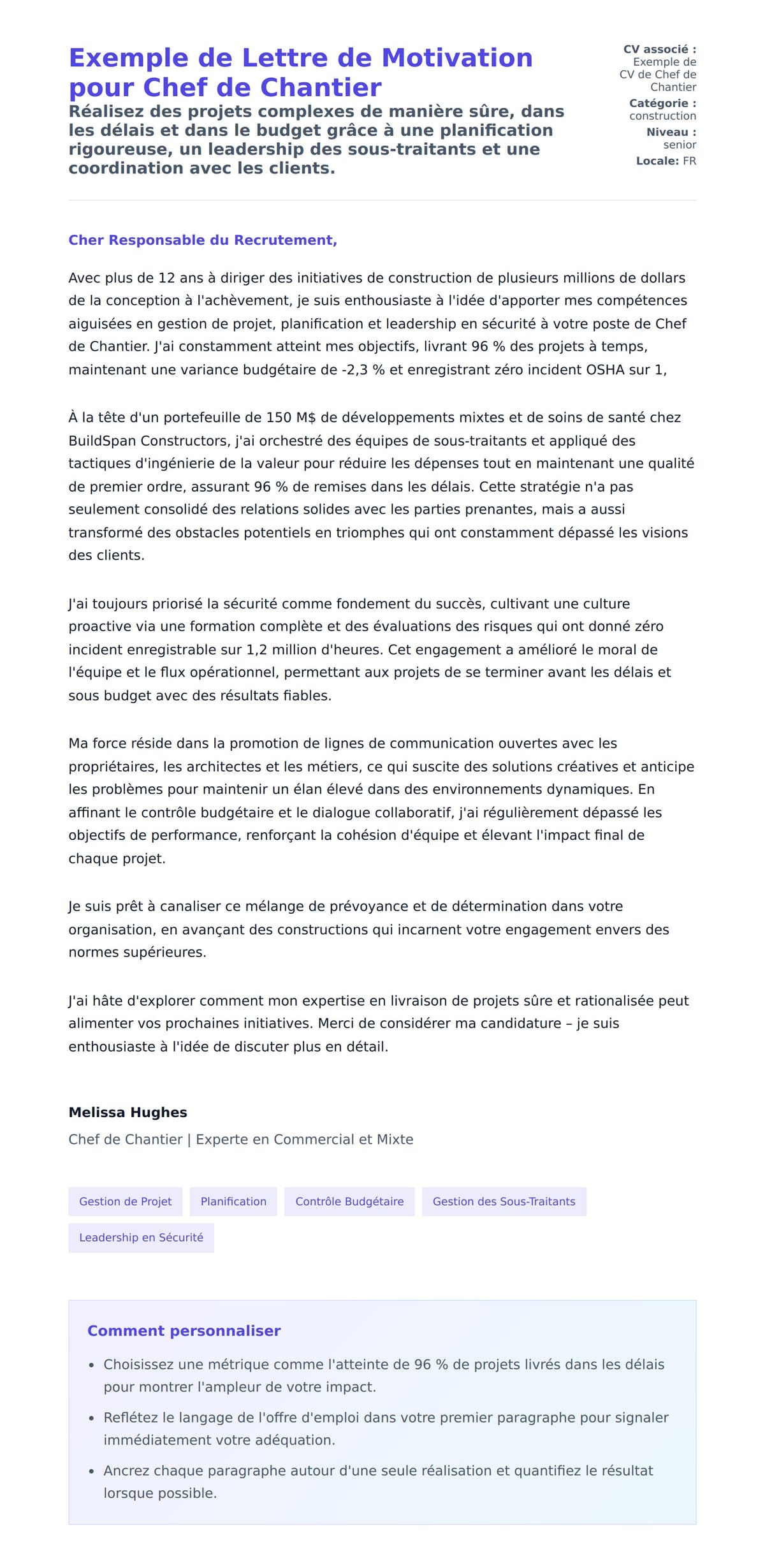 Aperçu de la lettre de motivation pour Exemple de Lettre de Motivation pour Chef de Chantier
